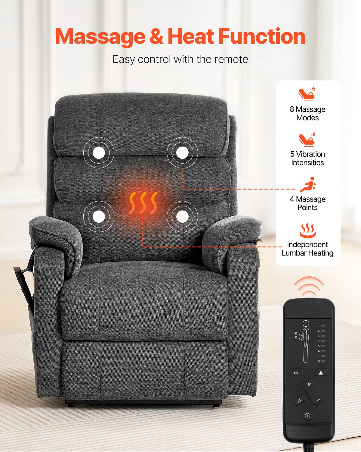 Medium Power Lift Recliner Dual Motor Heat Massage Dark Gray