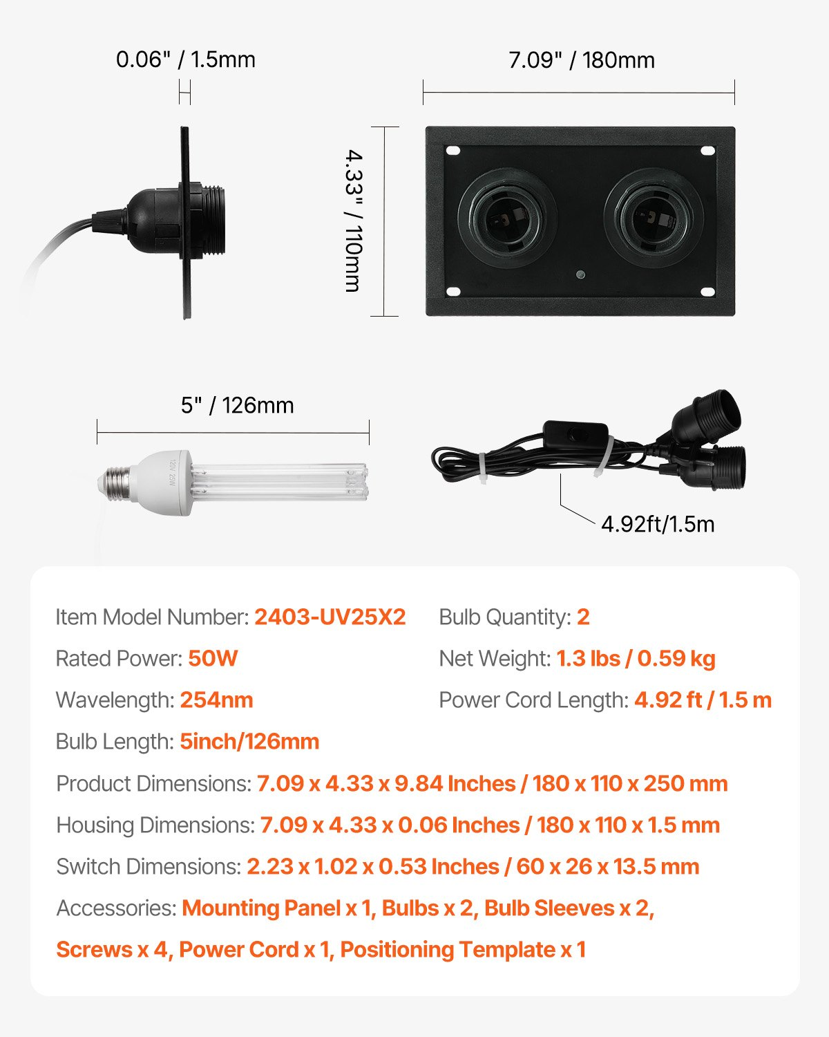 Purificador de aire HVAC para toda la casa 50 W 5 pulgadas luz UV en conducto para sistemas de aire acondicionado - Imagen 6 de 10