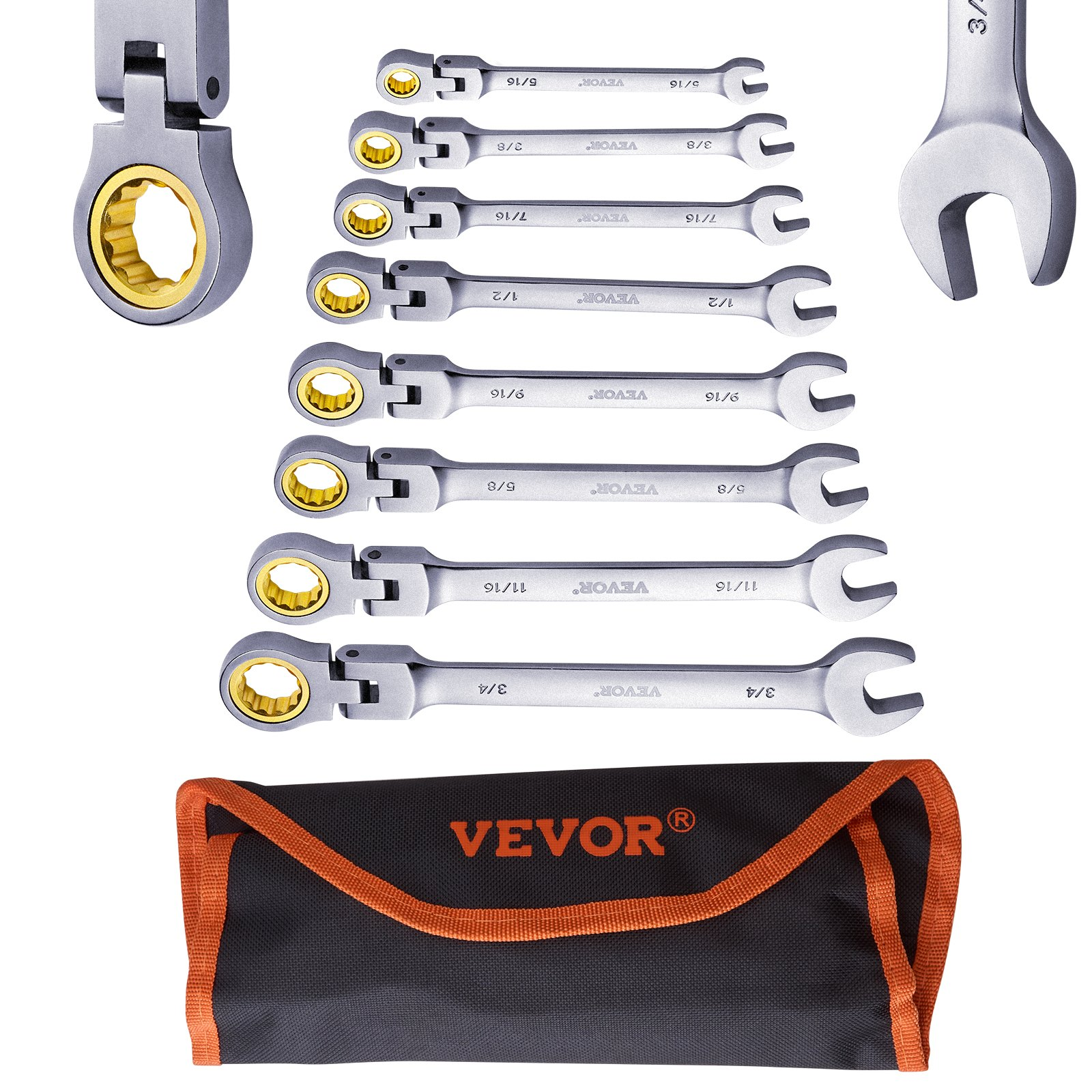 VEVOR Flex-Kopf Spezialeinsätze Schraubenschlüssel-Set 8-teilig SAE 5/16"-3/4" mit Rolltasche - Bild 9 von 10