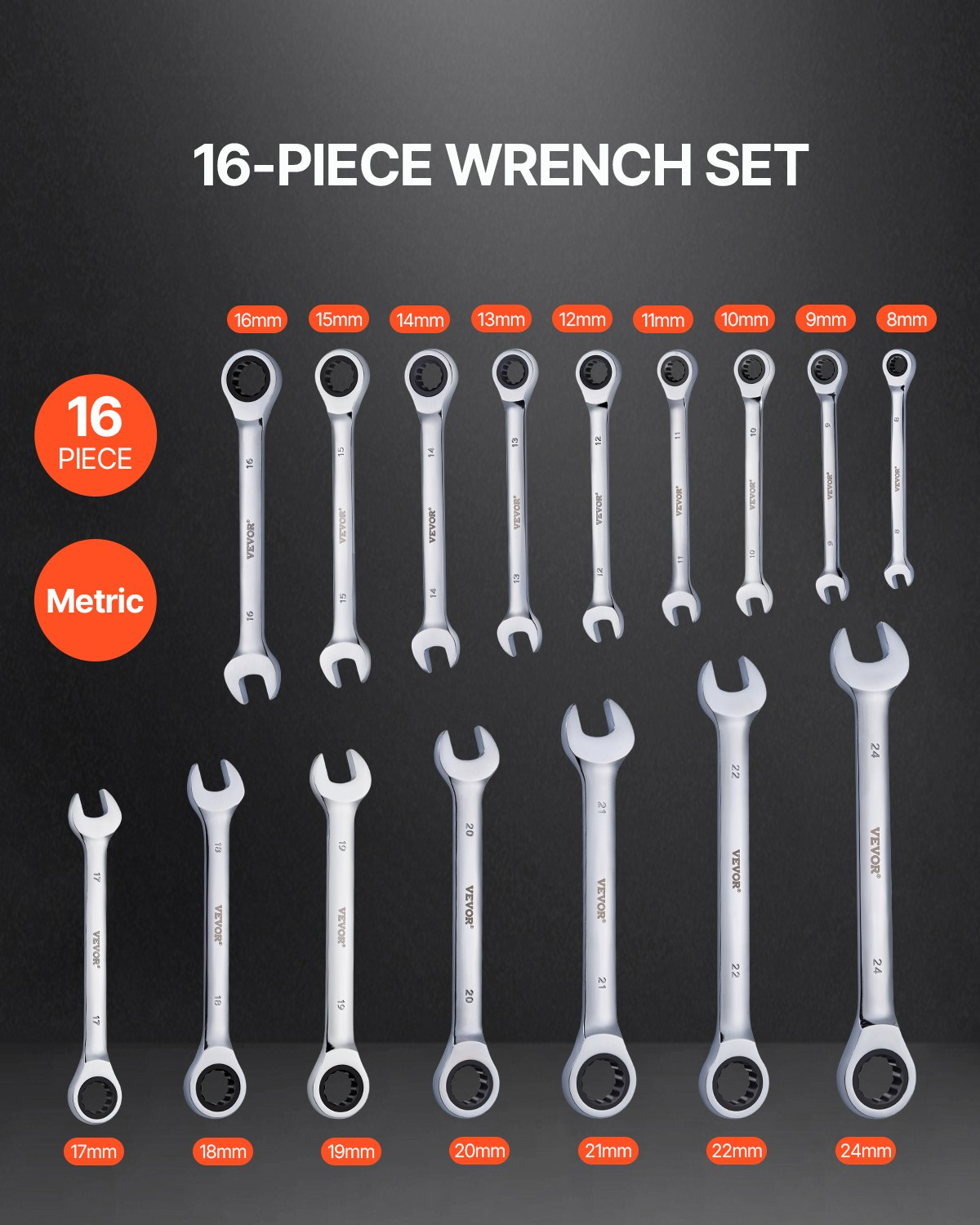 VEVOR Kombi-Schraubenschlüssel-Set 16-teilig metrisch 8 mm bis 24 mm mit Organizer-Rack - Bild 1 von 10