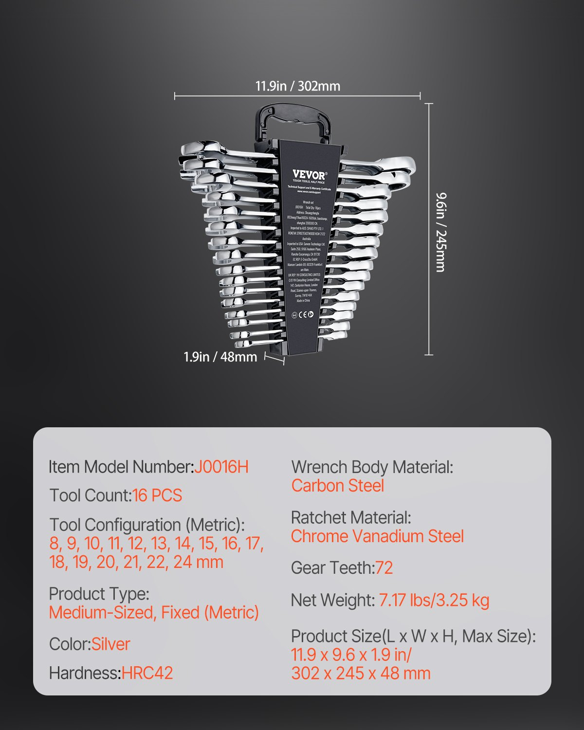 VEVOR Kombi-Schraubenschlüssel-Set 16-teilig metrisch 8 mm bis 24 mm mit Organizer-Rack - Bild 6 von 10