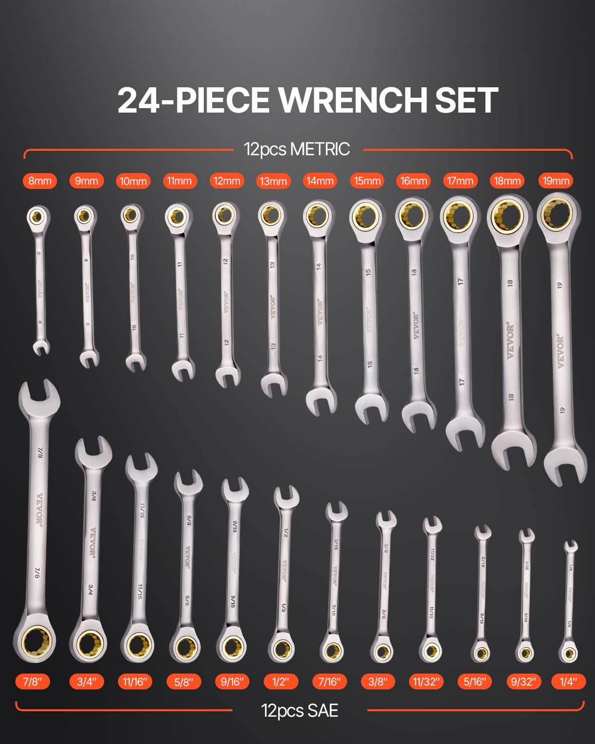 Kombination Schraubenschlüssel Set 24-teilig SAE 1/4" bis 7/8" metrisch 8-19 mm Organizer Rack - Bild 1 von 10