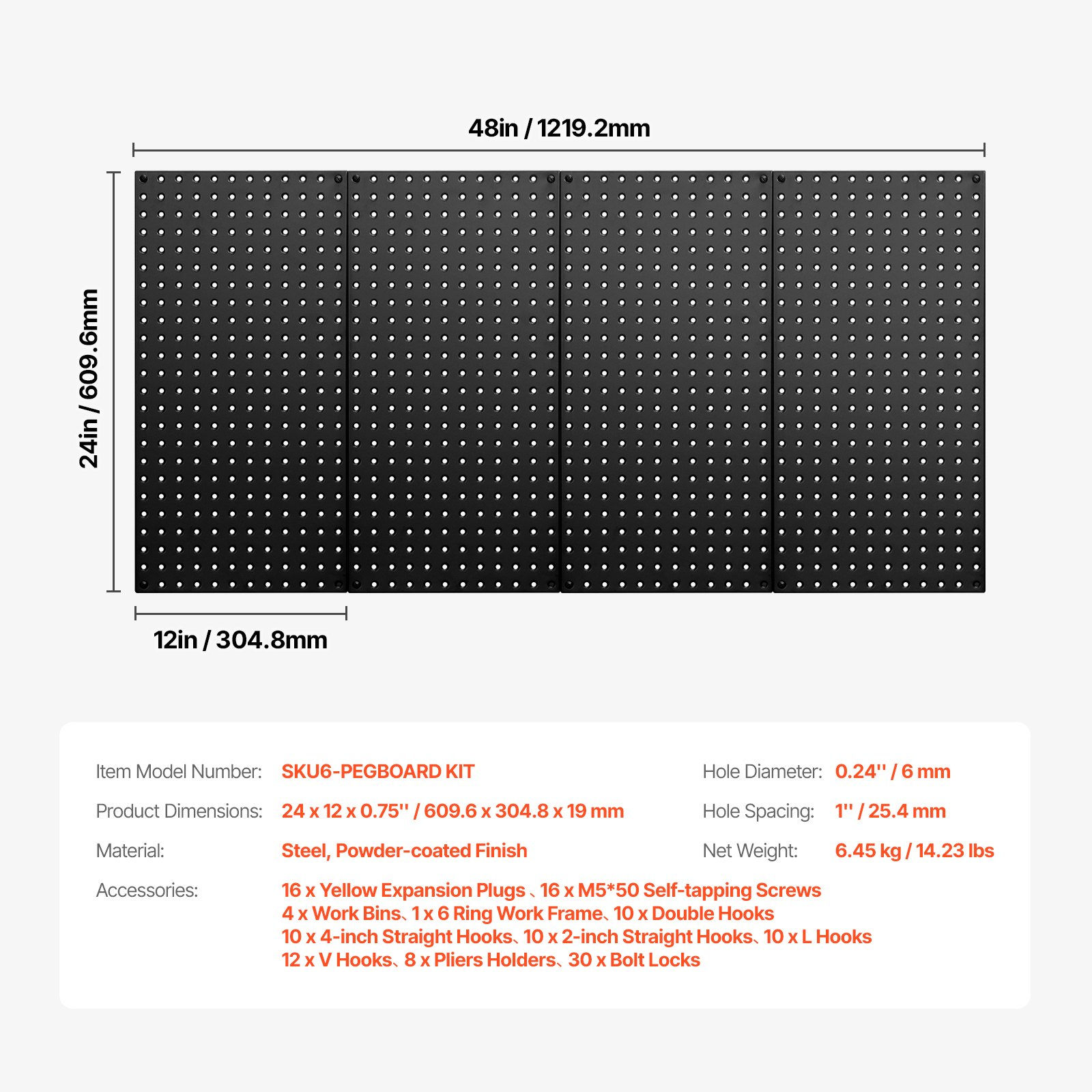 Metal Pegboard Panels 4 Pcs 24" x 12" Wall Organizer for Garage Tool Storage