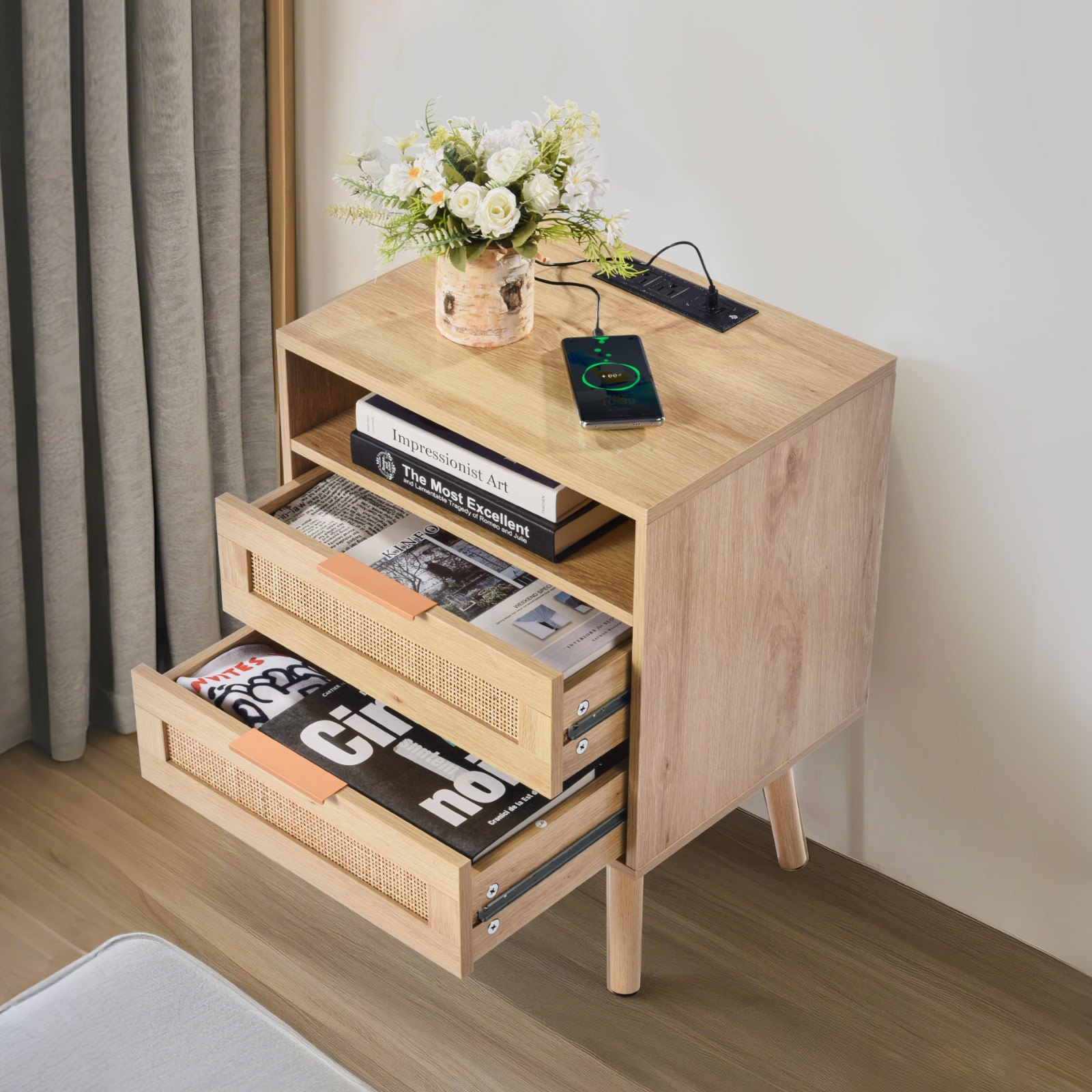 Rattan Nightstand End Table with Open Shelf 2 Drawers Boho Bedside Table - Picture 7 of 10