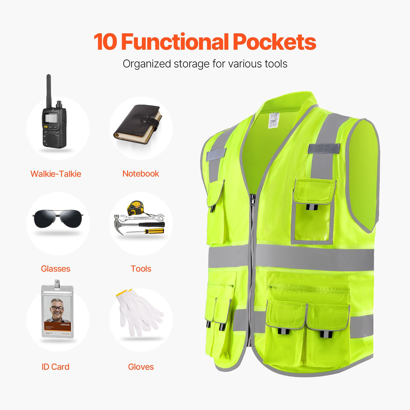Safety Vest Reflective Yellow Work Vest with 10 Pockets for Men and Women - second product detail image