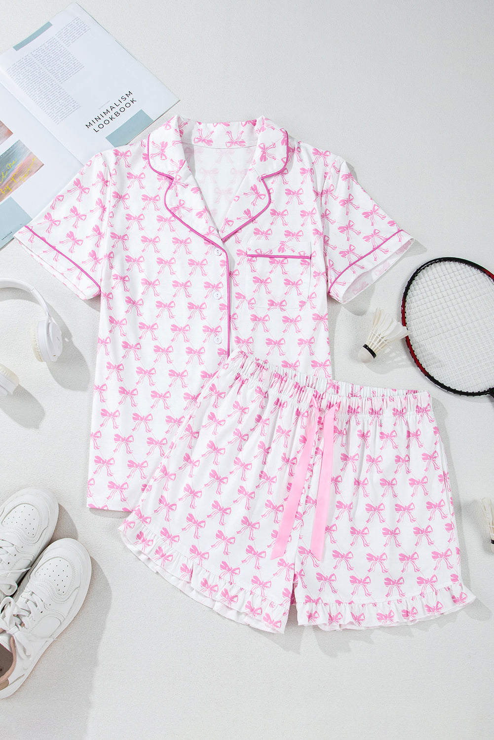 Bow Short Sleeve and Ruffled Shorts Pajama Set - Picture 9 of 12
