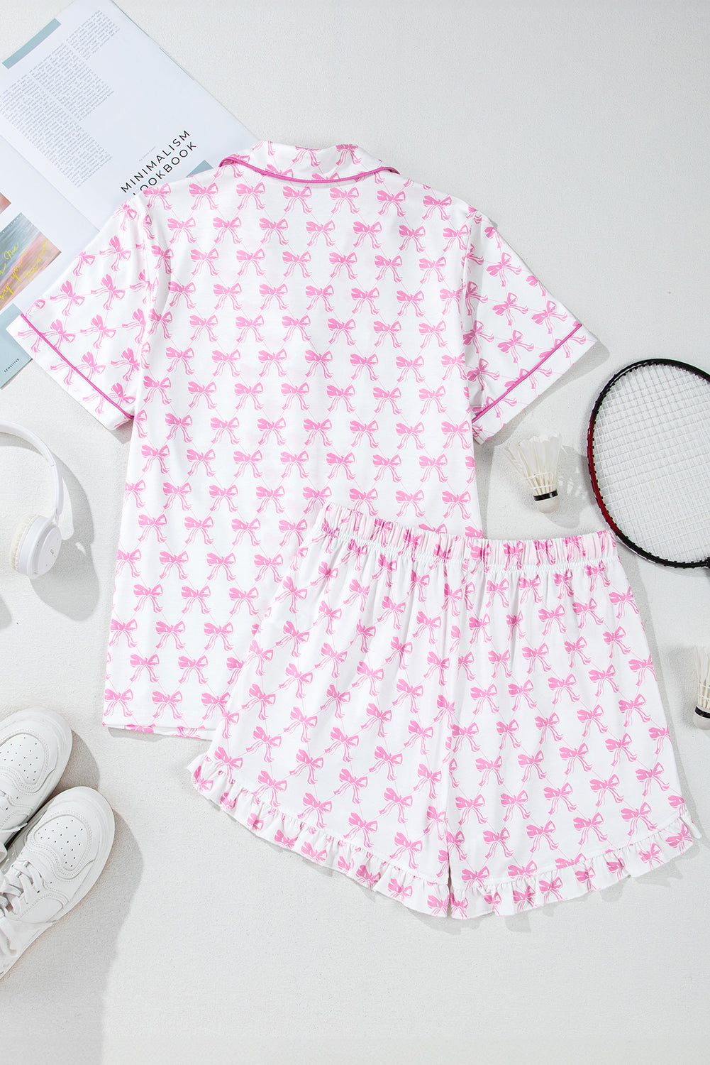 Bow Short Sleeve and Ruffled Shorts Pajama Set - Picture 10 of 12