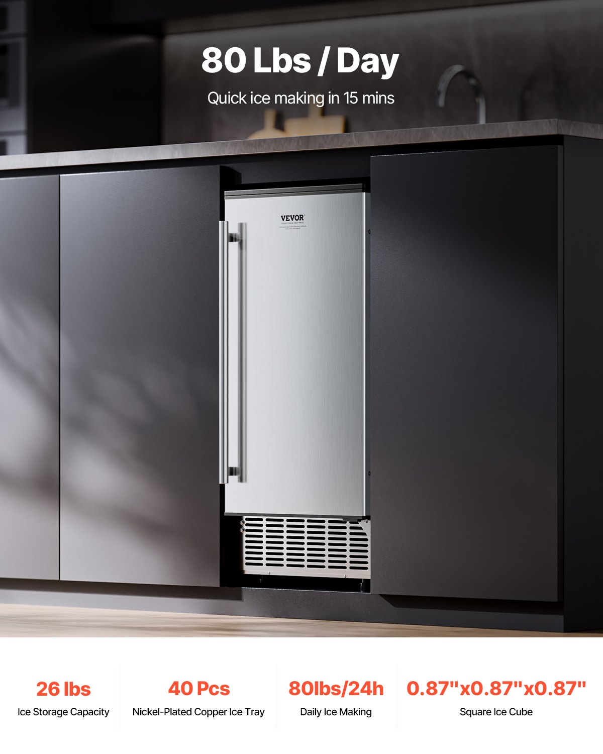 Under Counter Ice Maker 80lbs/Day Built-In Stainless Steel Electric Drain