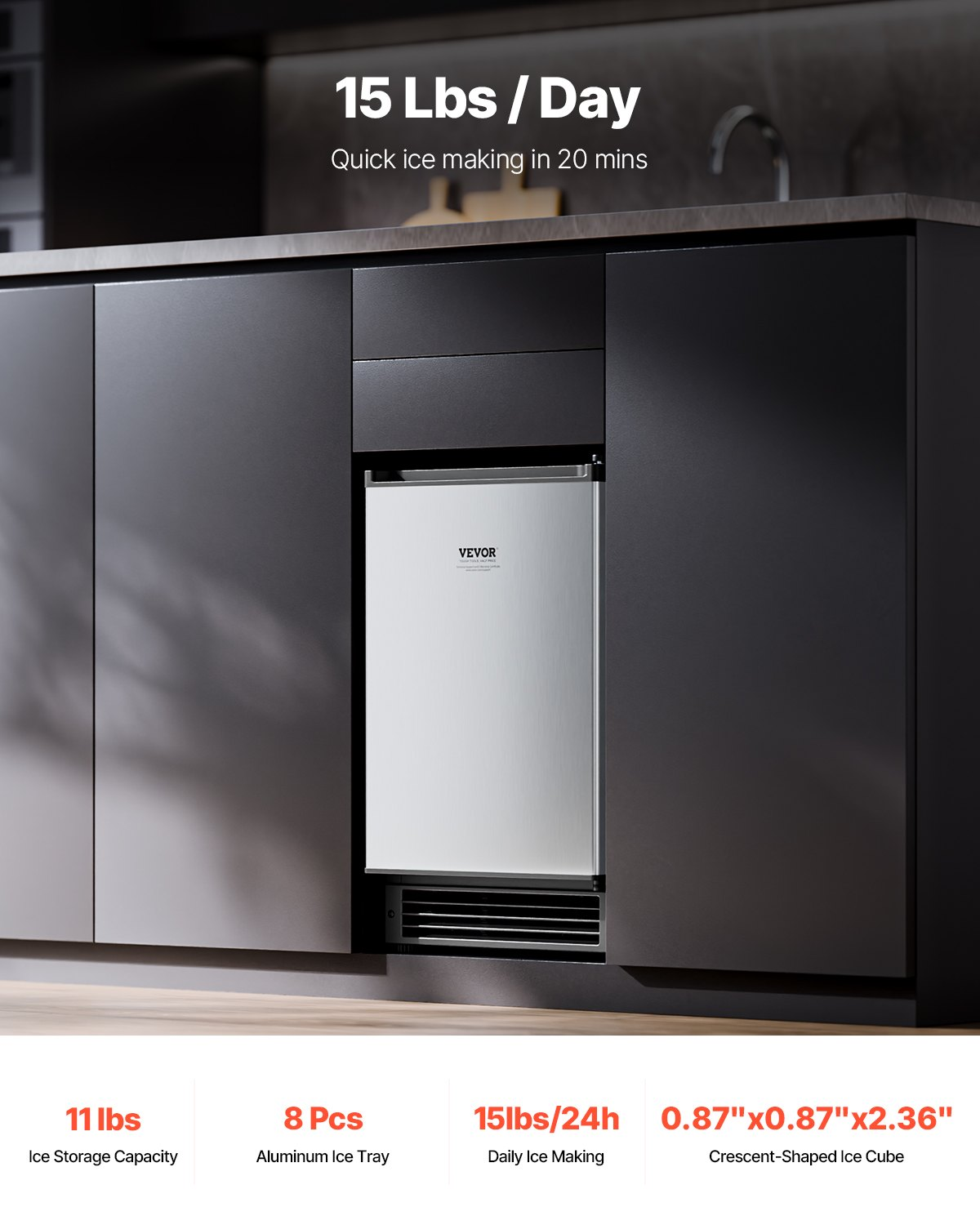 Under Counter Ice Maker 15lbs/Day Built-In Stainless Steel No Drain