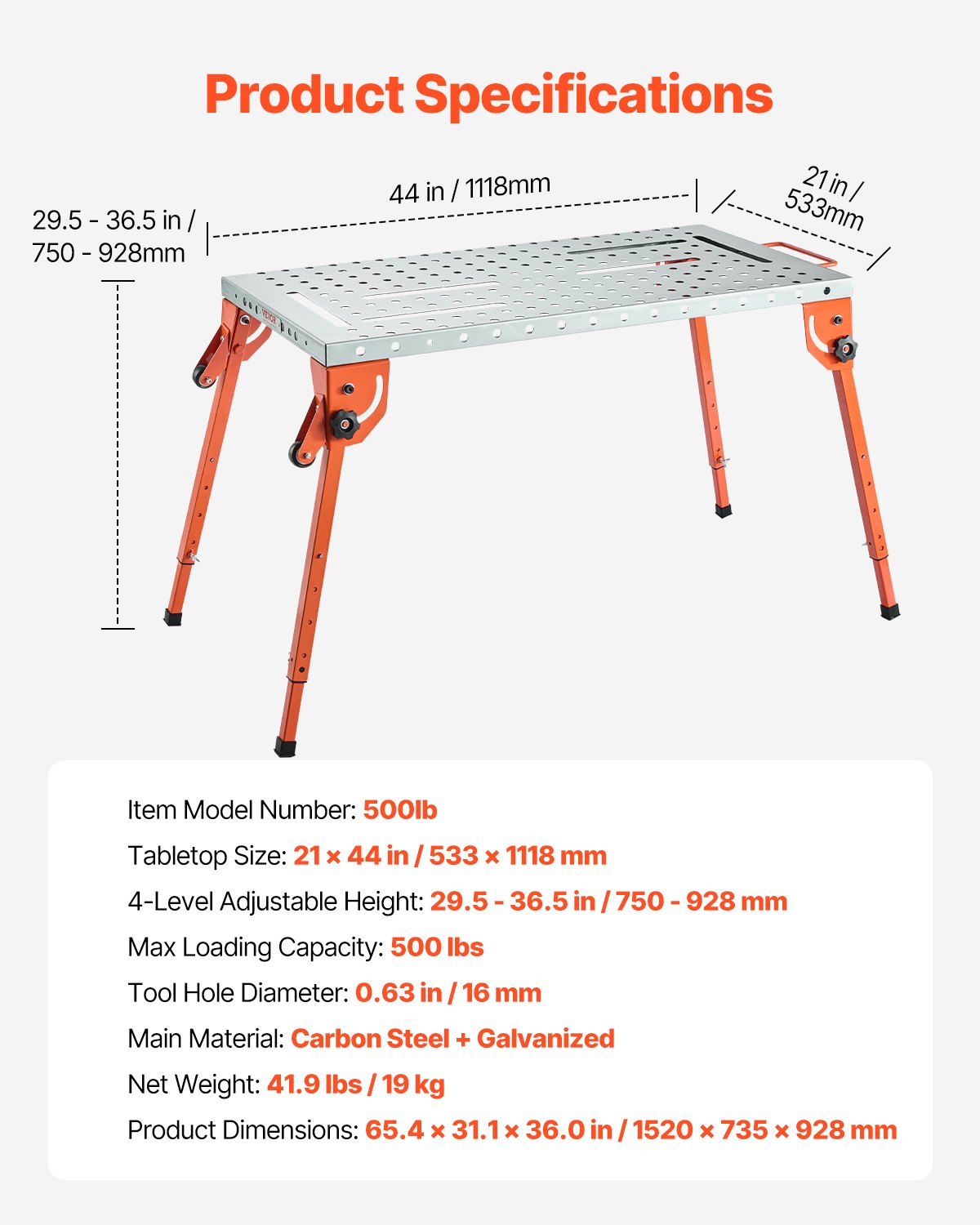 Welding Table 44" x 21" 500LBS Folding Workbench with 4-Level Adjustable Height