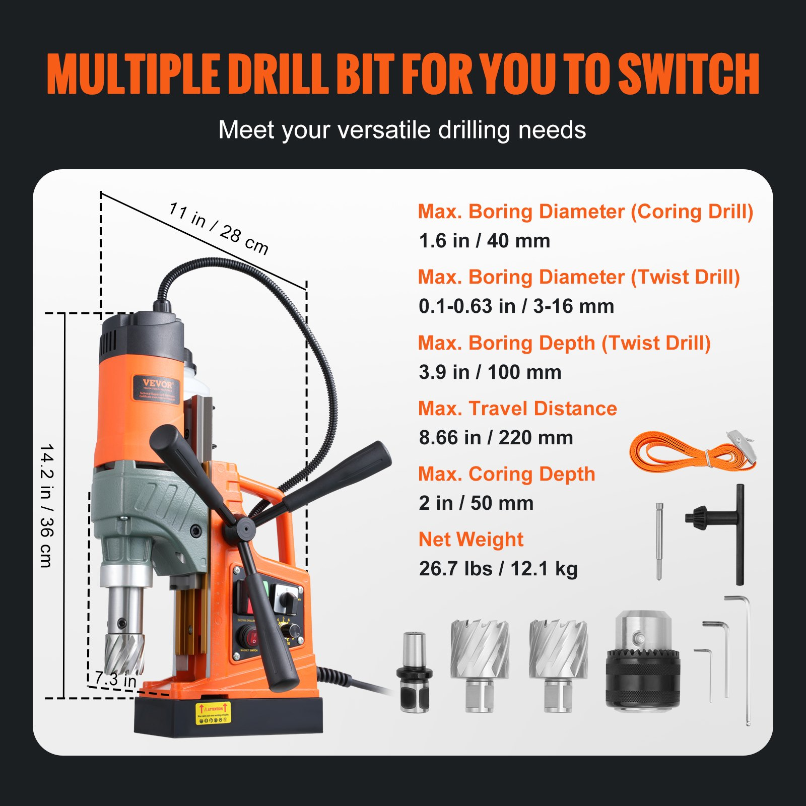Magnetic Drill 1450W 12500N Portable Mag Drill Press 800RPM - Picture 7 of 12