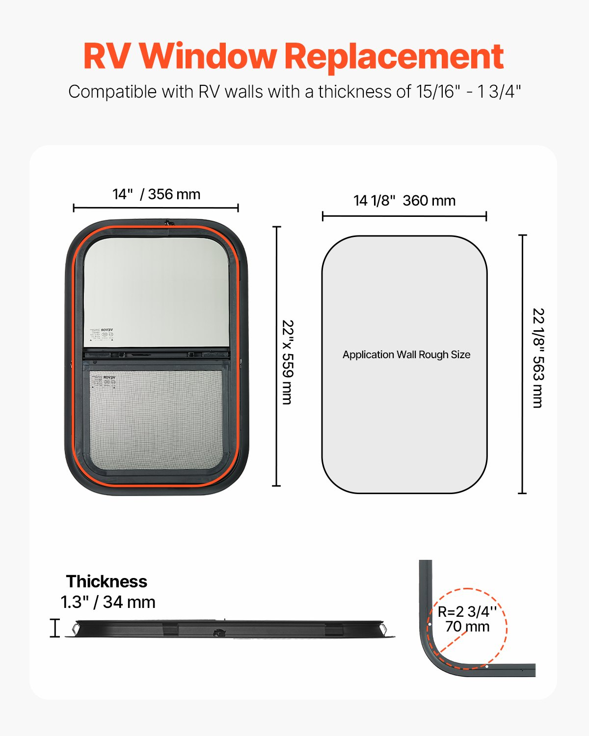 14 x 22 in RV Sliding Window Tinted Screen Trim Ring DOT