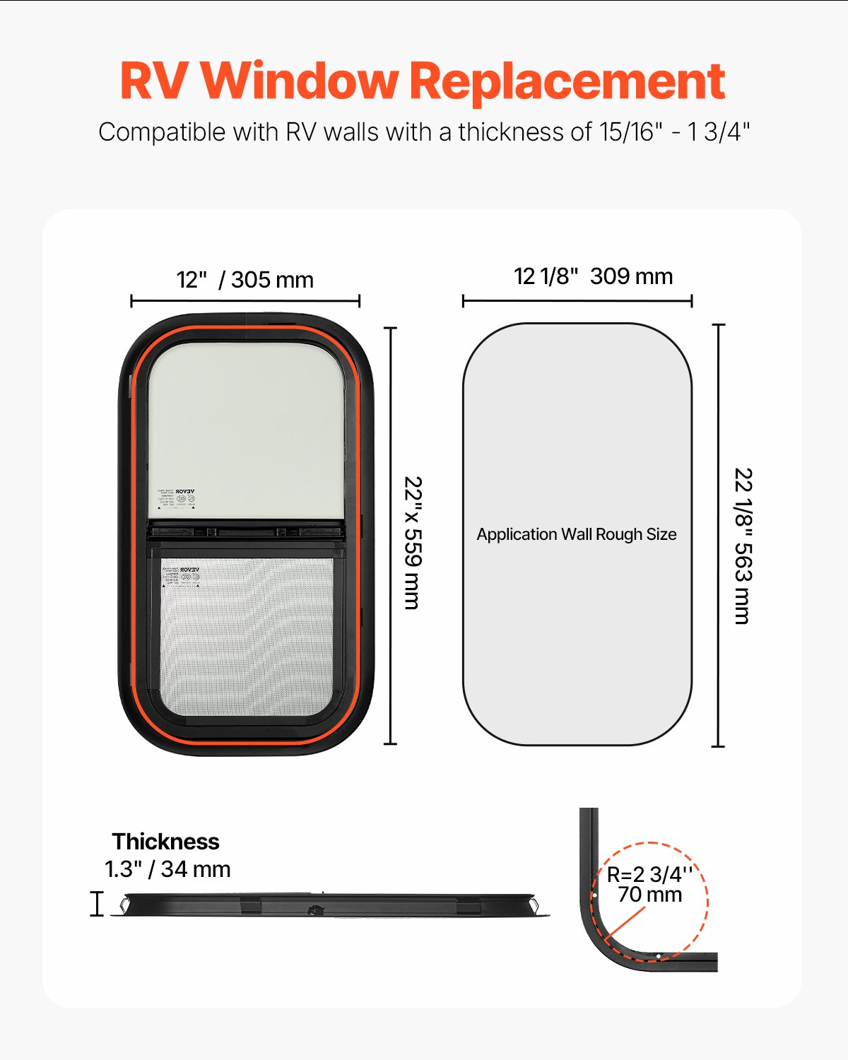 12 x 22 in RV Sliding Window Tinted Screen Trim Ring DOT