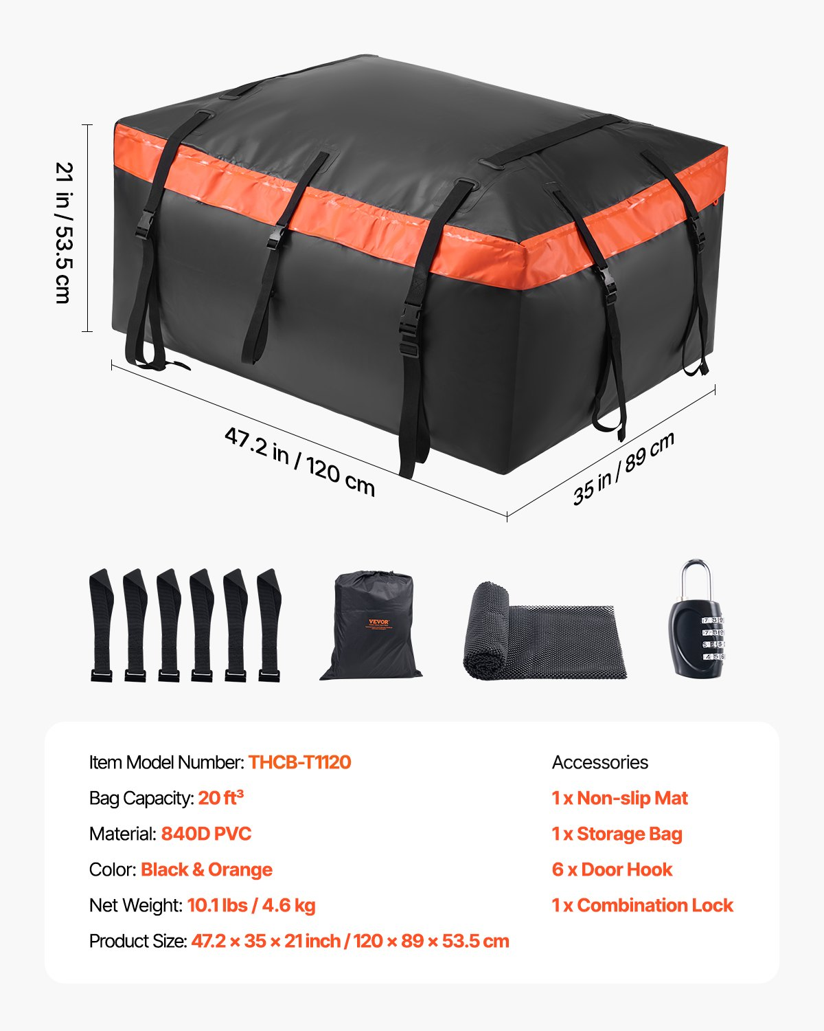 Car Rooftop Cargo Carrier Bag 20 Cubic Feet 840D PVC Car Roof Luggage Cargo Bag - Picture 6 of 10