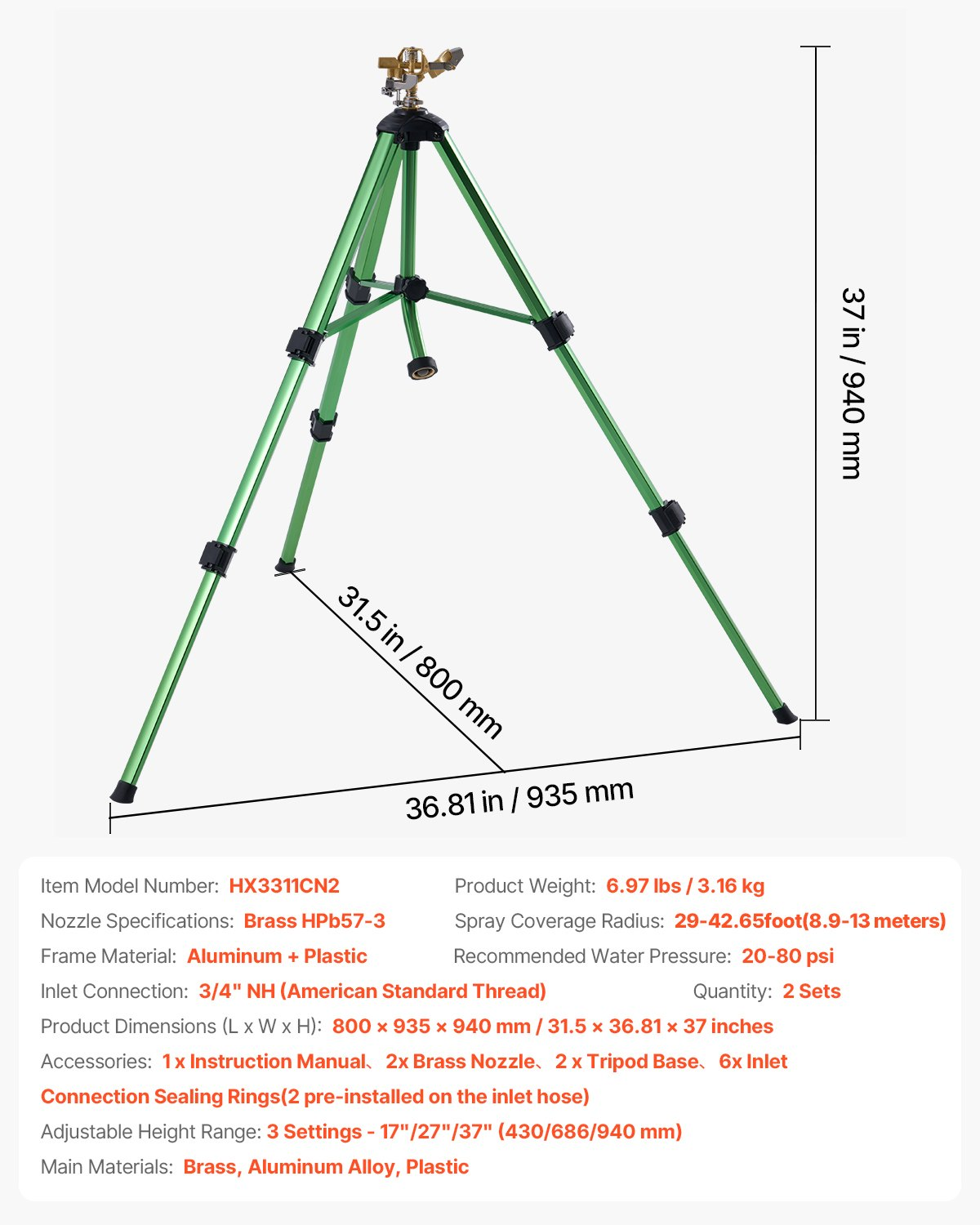 Impact Sprinkler on Tripod Base, 2 Packs, Adjustable Heights Sprinkler for Yard