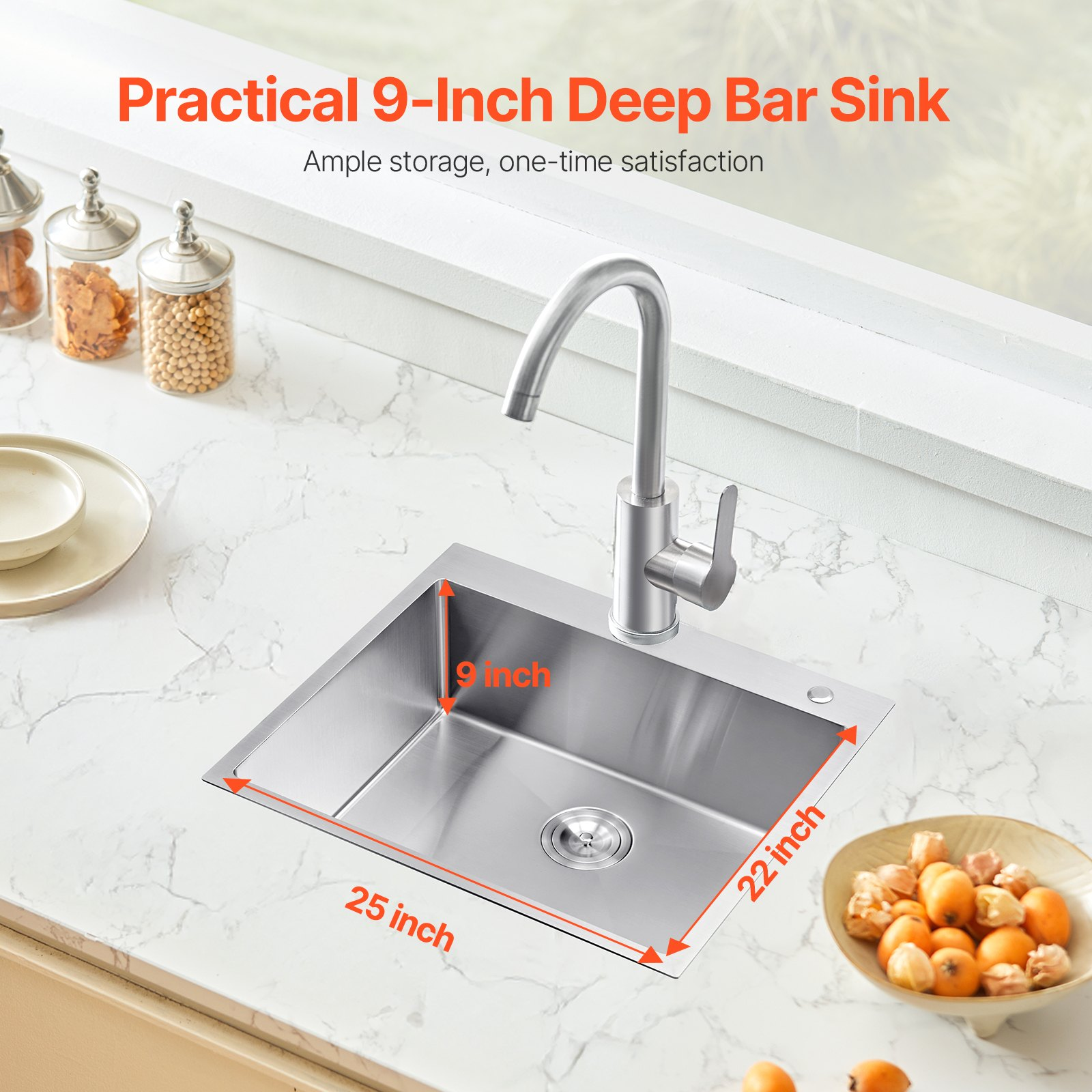 25" Kitchen Sink Top Mount Single Bowl Drop-In Basin Stainless Steel Bar - Picture 1 of 10
