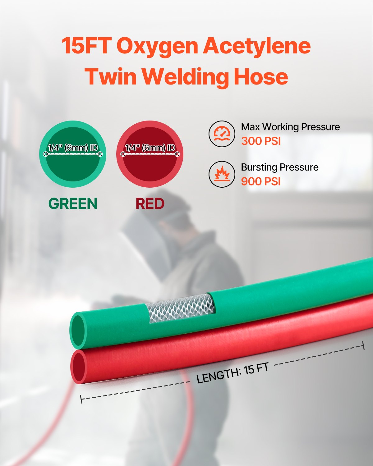 Oxygen Acetylene Hose 1/4-Inch x 15FT T Grade Hose 300PSI Max Working Pressure