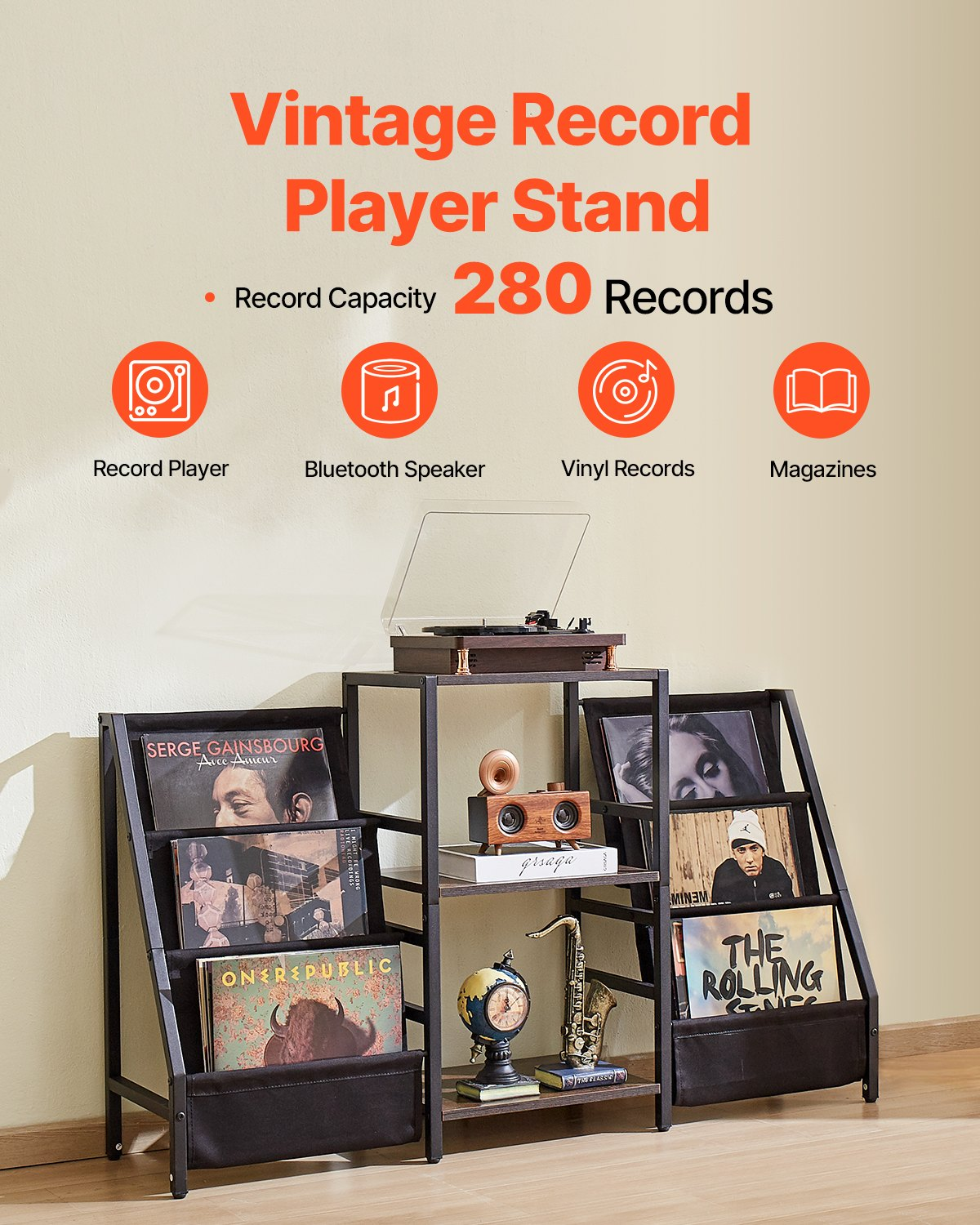 Metal Vinyl Record Stand 3-Tier Record Player Stand up to 280 Album Black