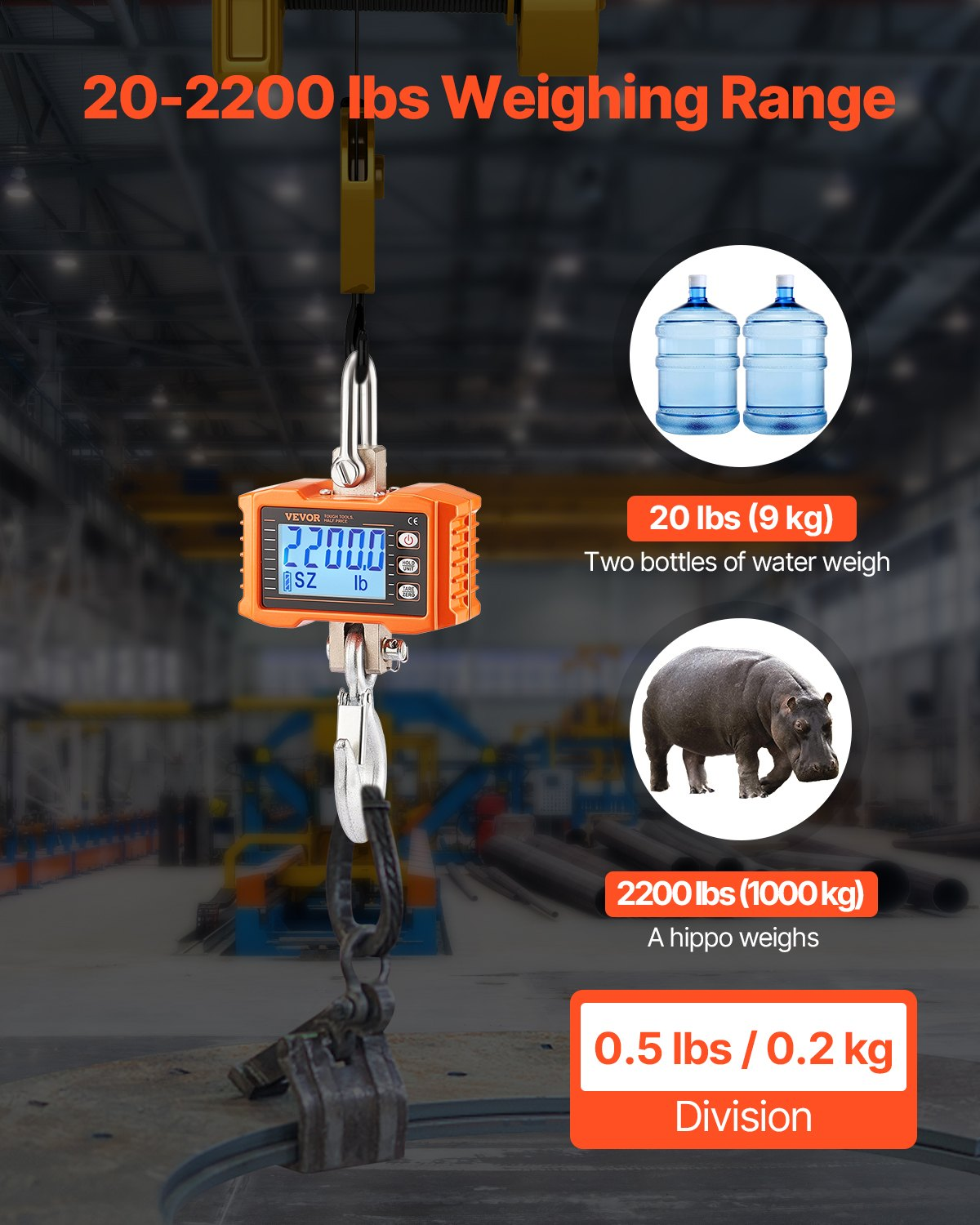 Digital Crane Scale Industrial Hanging Scale 2200 lbs/1000 kg Heavy Duty Scale