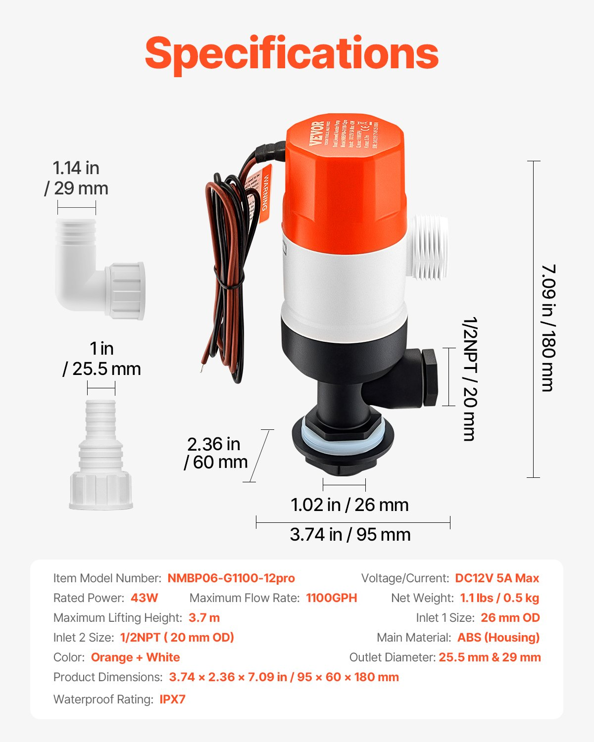 Livewell Pump for Boat 12V 1100GPH Livewell Aerator Pump Straight 2 Inlets - Picture 7 of 12