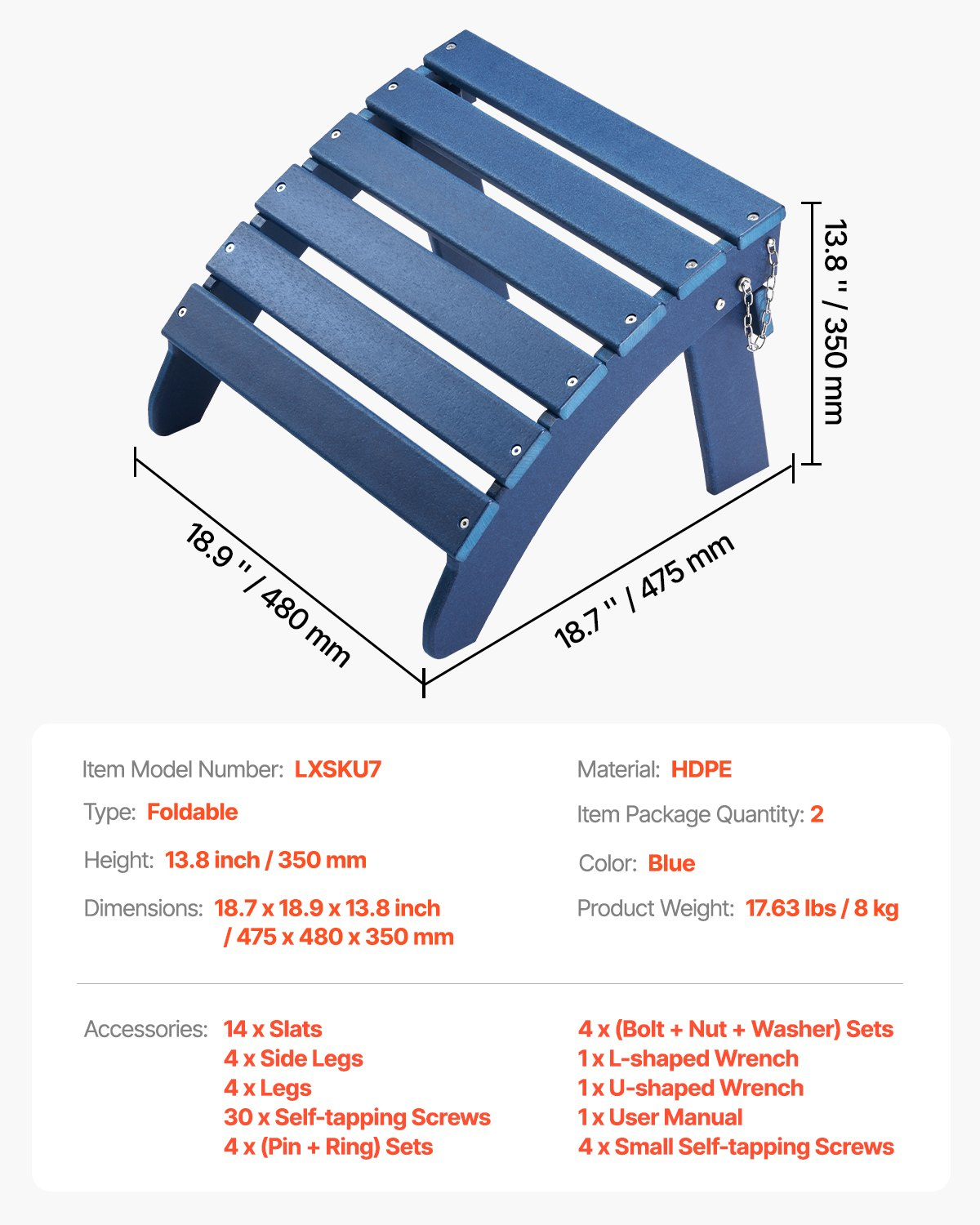 Adirondack Ottoman 2 Set 18.7L x 18.9W x 13.8H Inch HDPE Folding Footrest Blue - Picture 6 of 10