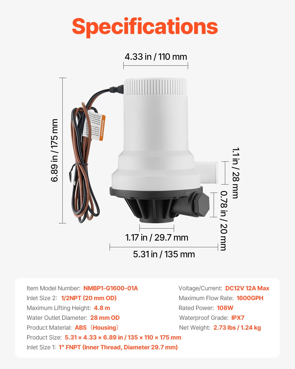 Livewell Pumpe für Boot 12V 1600GPH Livewell Belüfterpumpe gerade 2 Einlässe - Bild 7 von 12