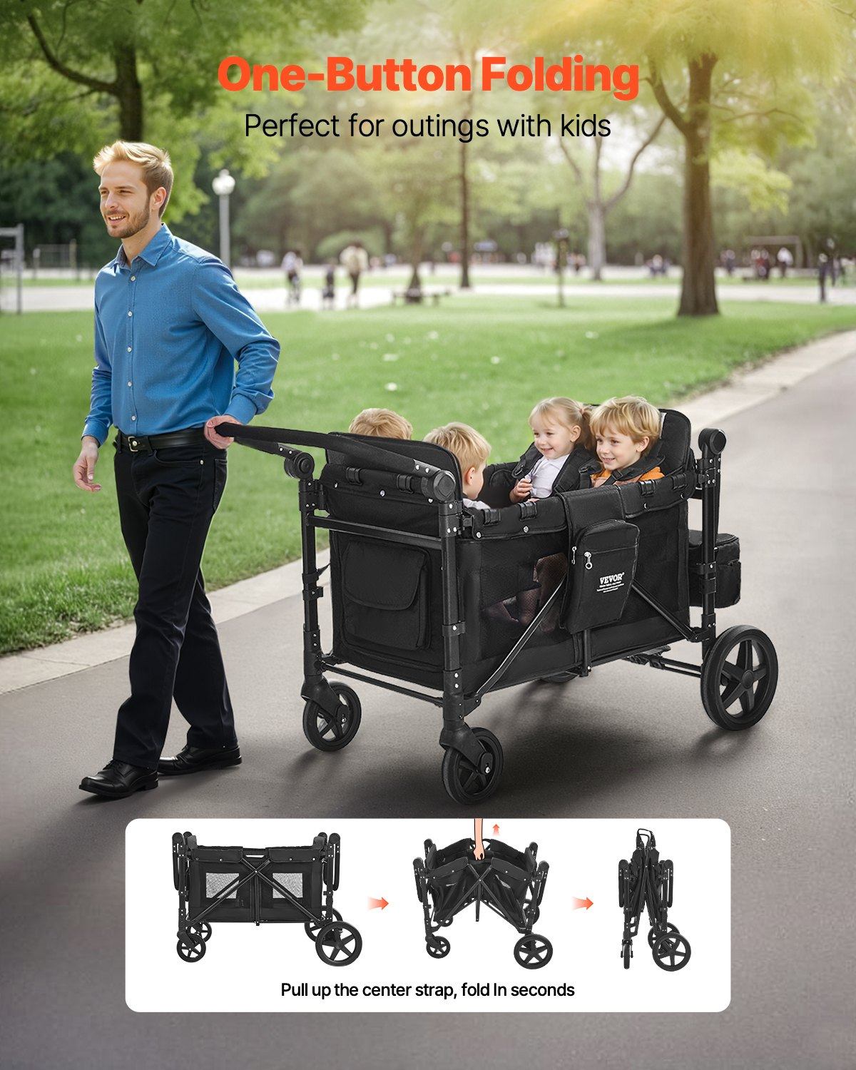 VEVOR Collapsible 2-Kid Wagon Stroller with Adjustable Push-Pull