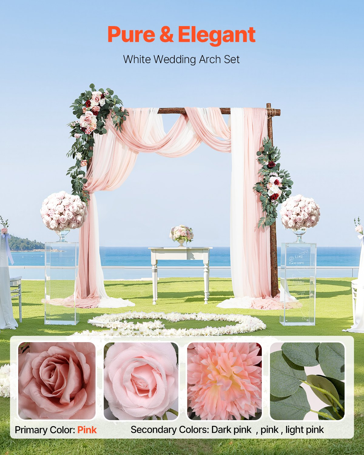 Artificial Wedding Arch Flowers Kit Pink With 2 Pcs Flowers 3 Pcs Drapes