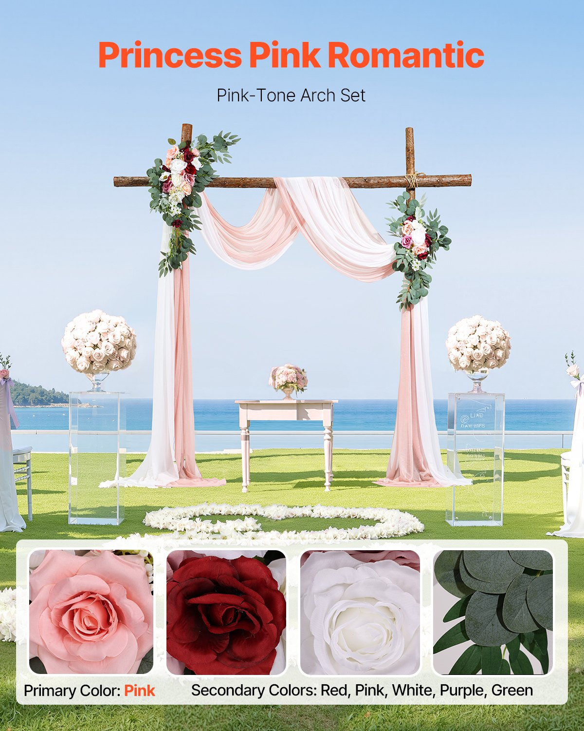 Artificial Wedding Arch Flowers Kit Pink With 2 Pcs Flowers 2 Pcs Drapes