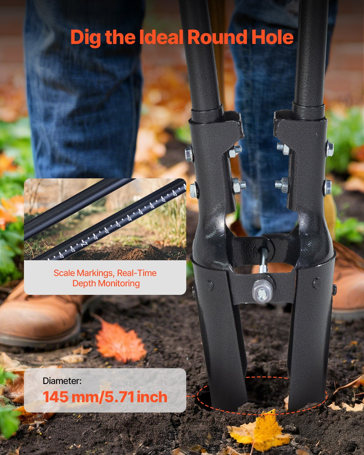 Post Hole Digger with Carbon Steel Handle Scale Marks 57.5" Manual Hole Digger