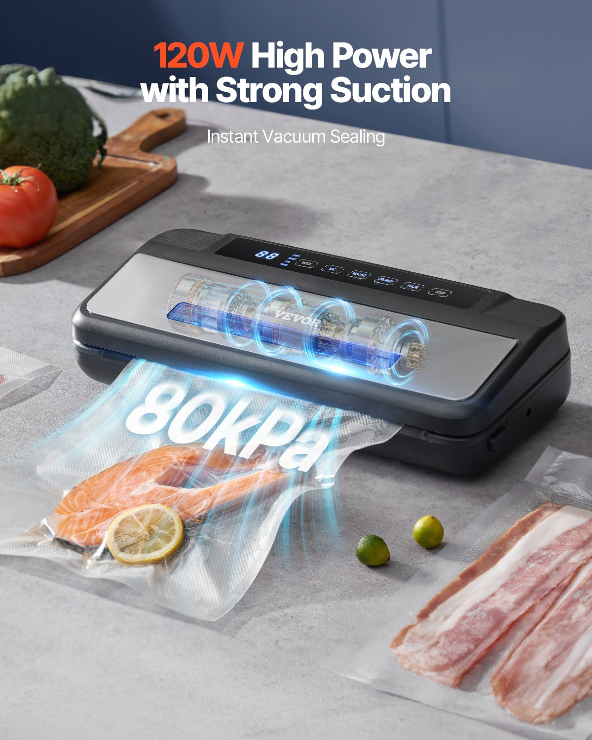 Vacuum Sealer Machine, 80Kpa 120W Powerful Compact Food Sealer, 7-in-1 Multi-Fu