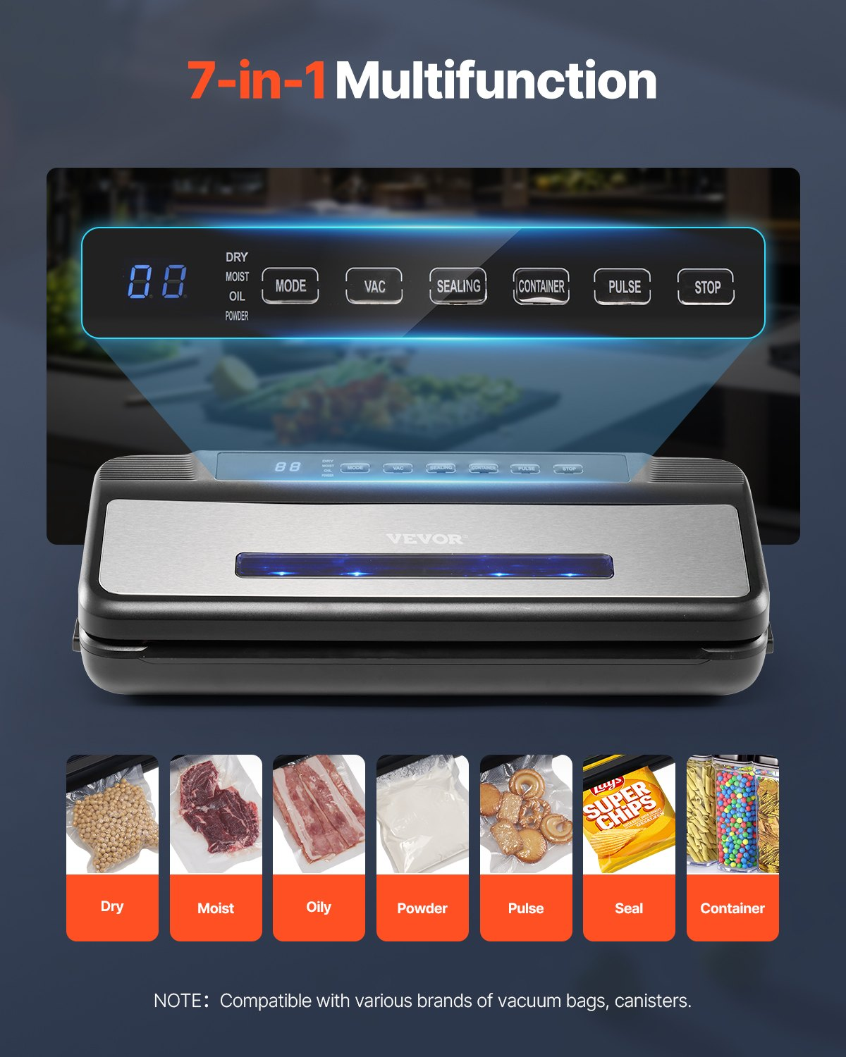 Vacuum Sealer Machine, 80Kpa 120W Powerful Compact Food Sealer, 7-in-1 Multi-Fu