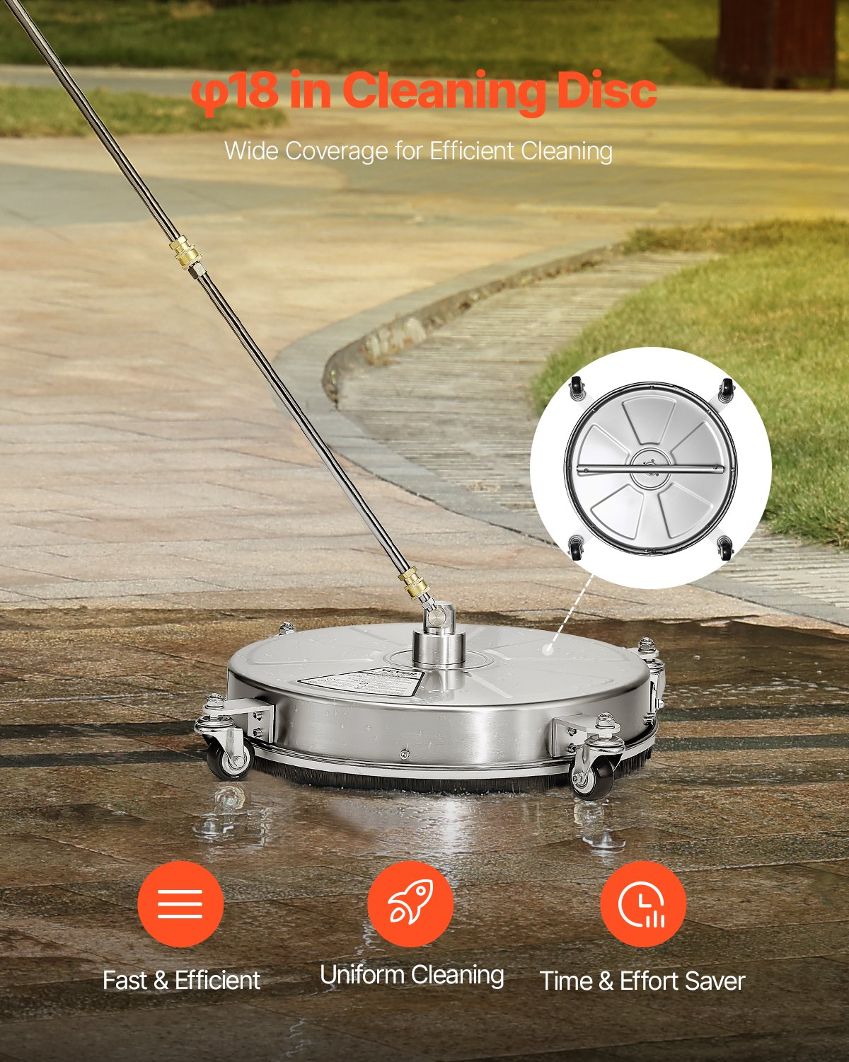 18″ Pressure Washer Surface Cleaner 4 Wheels 4000 Max PSI 2 Extended Wands