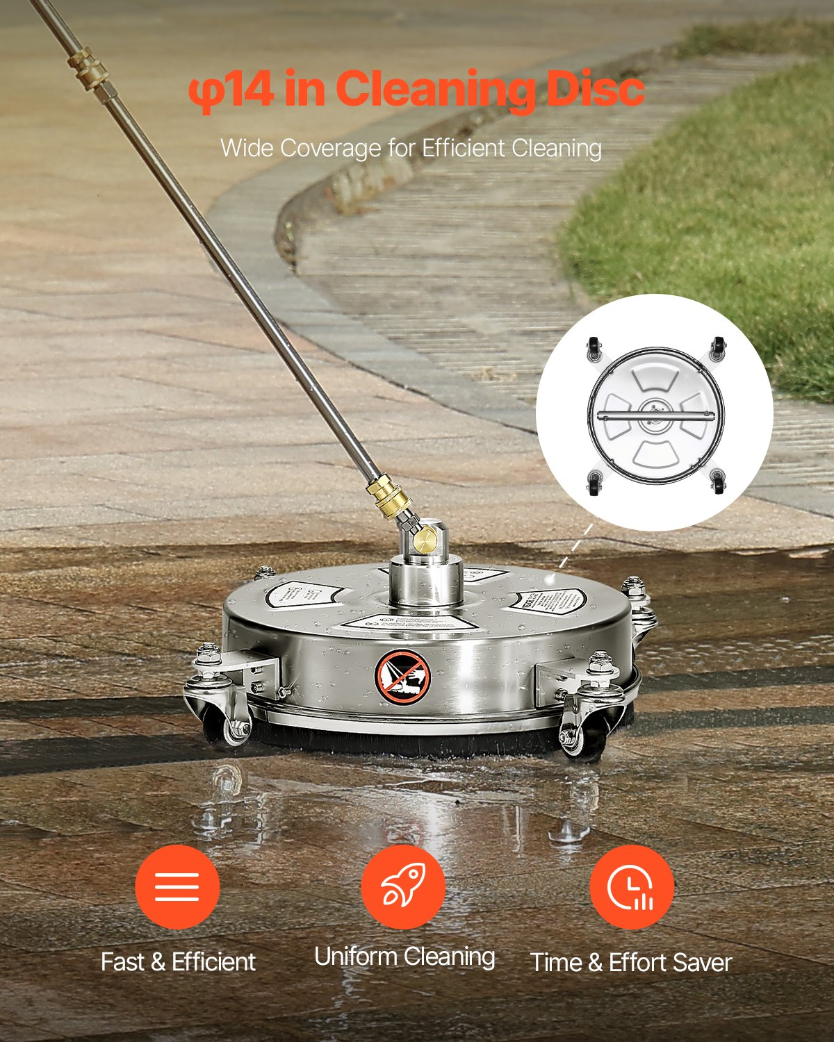 14″ Pressure Washer Surface Cleaner 4 Wheels 4000 Max PSI 2 Extended Wands