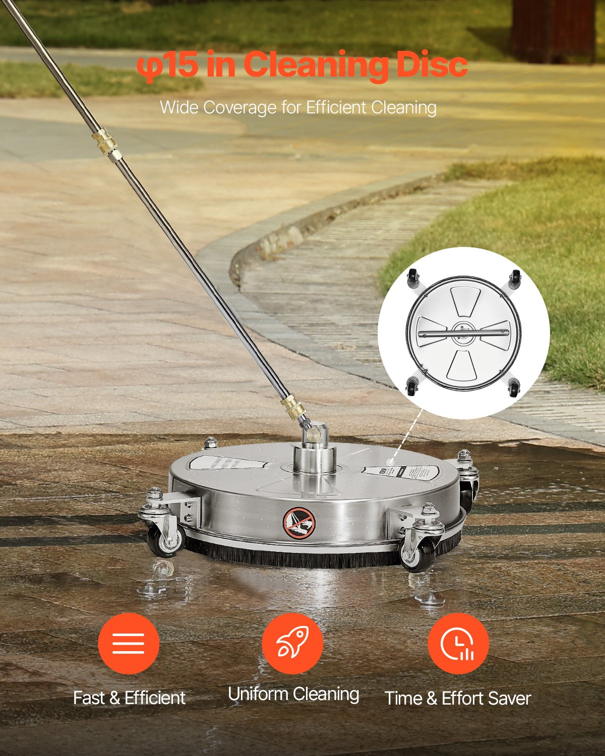 15″ Pressure Washer Surface Cleaner 4 Wheels 4000 Max PSI 2 Extended Wands
