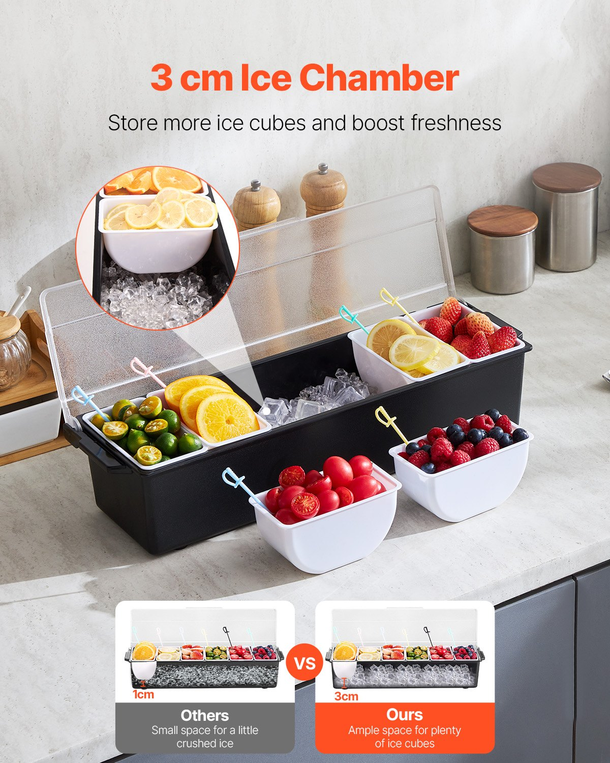 Chilled Condiment Server 6 Compartment Cold Serving Tray with Lid for Fruit