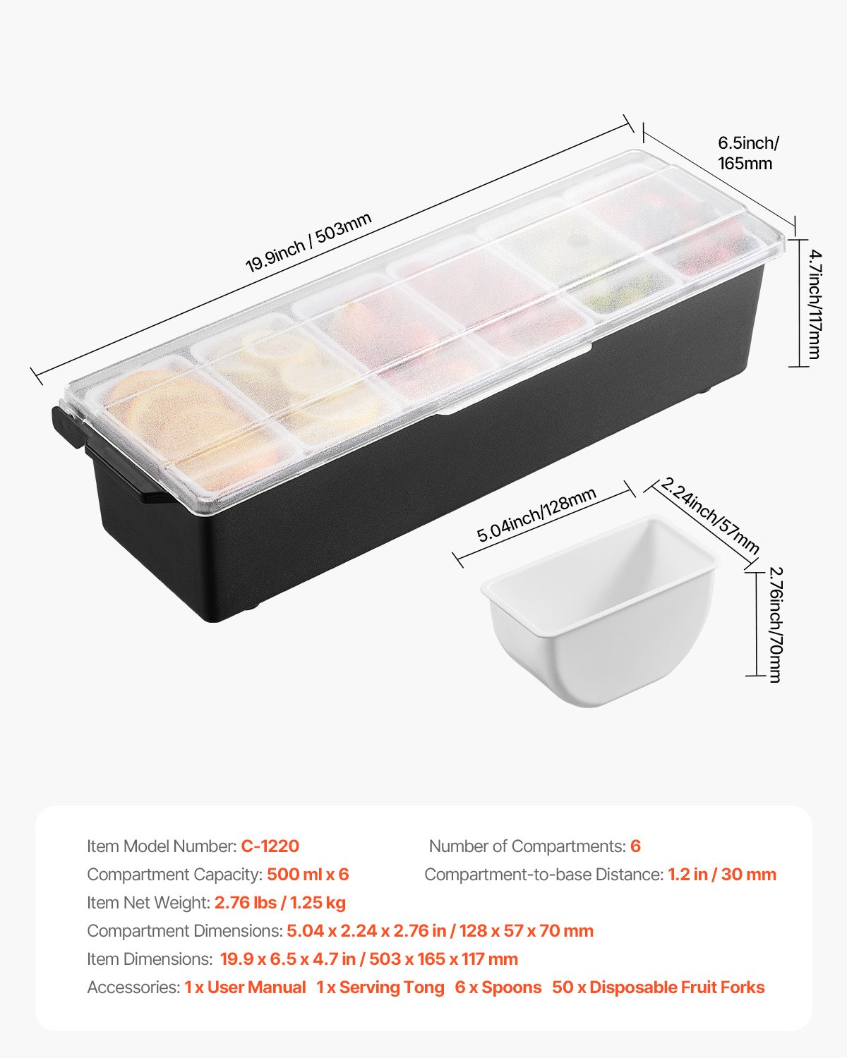 Chilled Condiment Server 6 Compartment Cold Serving Tray with Lid for Fruit - Produktbild 5