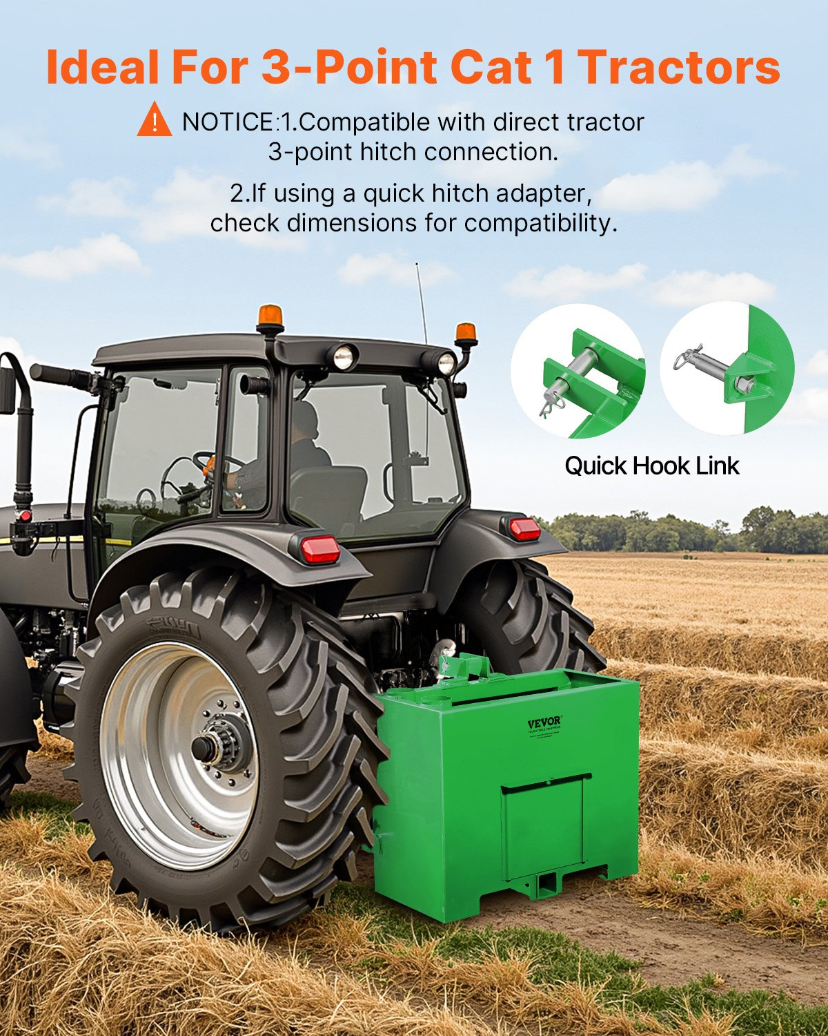 800lb Tractor Ballast Box 3 Point Cat 1 w/ 2″ Hitch 4.3ft³ Steel Green