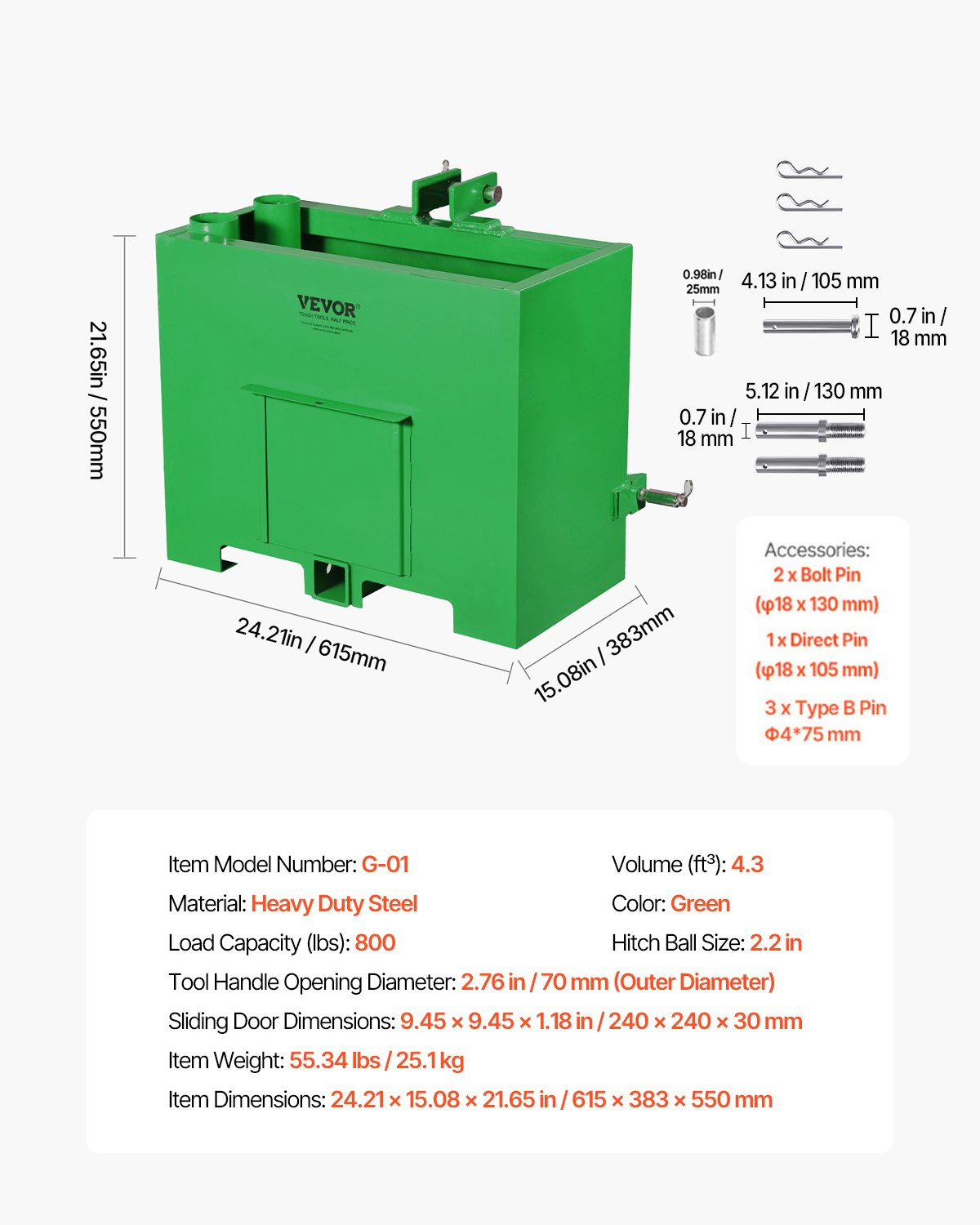 Heavy-Duty 3-Point Tractor Ballast Box – 800 Lb Capacity, Steel Weight Box W/ 2