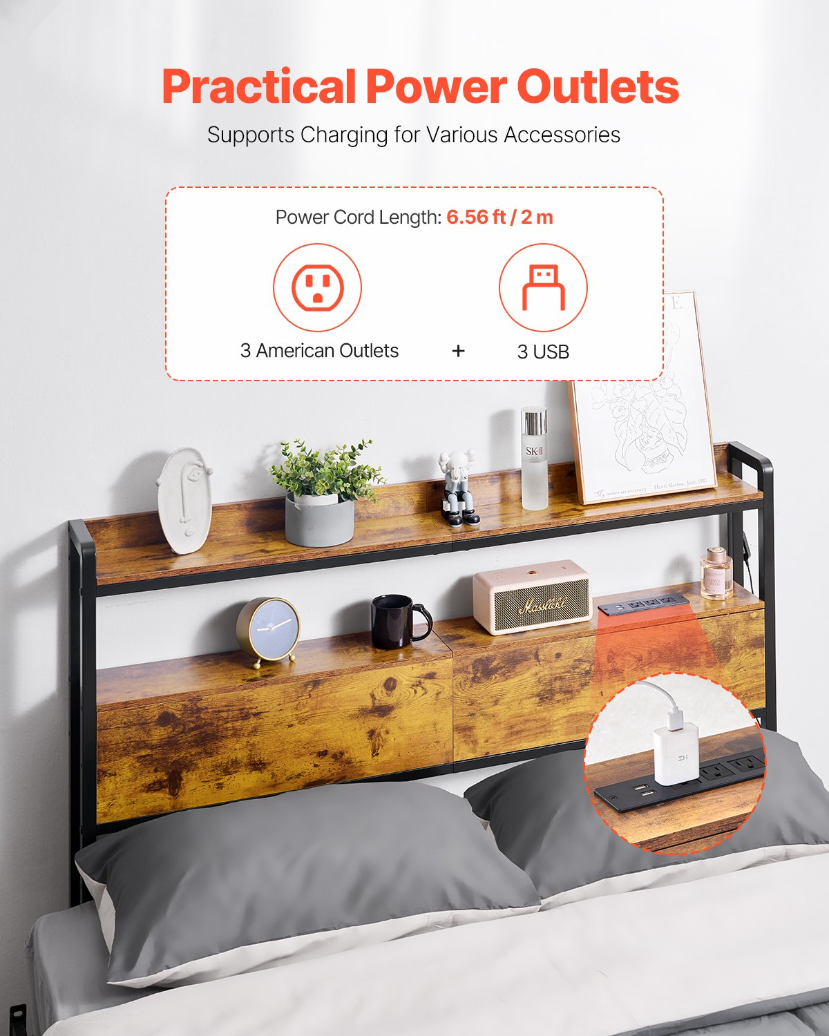 Headboard for Full Size Bed Head Board with 2 Shelves & LED Light Brown