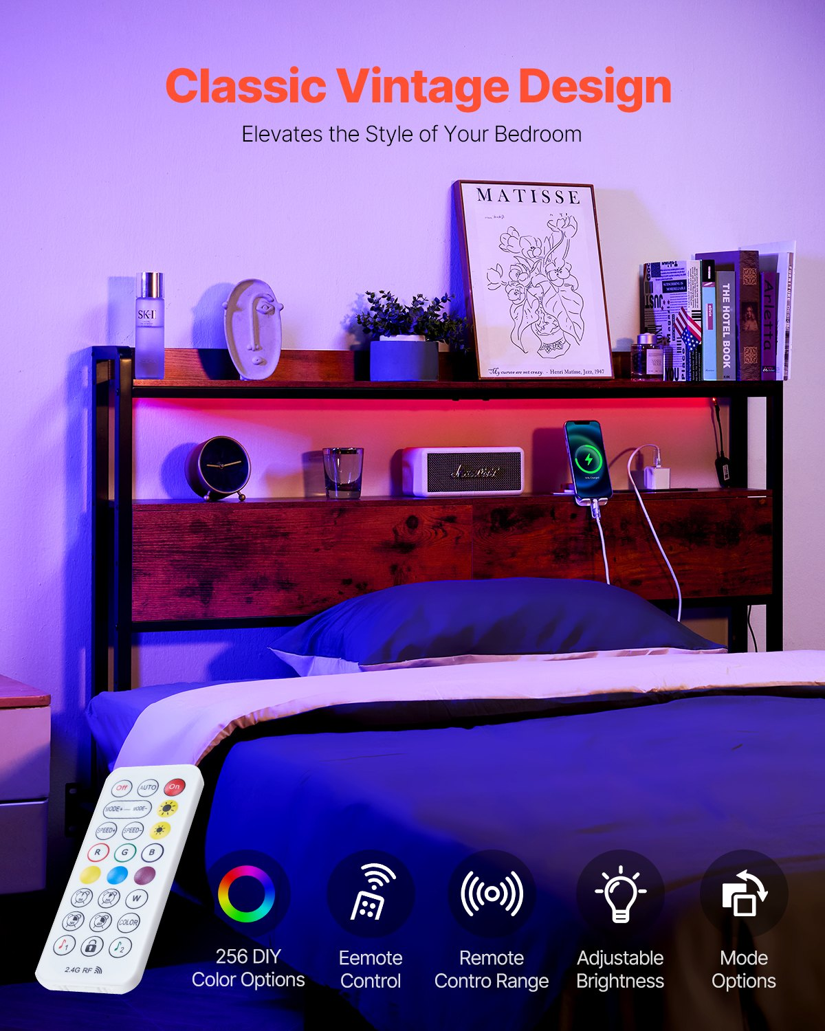 Headboard for Full Size Bed Head Board with 2 Shelves & LED Light Brown