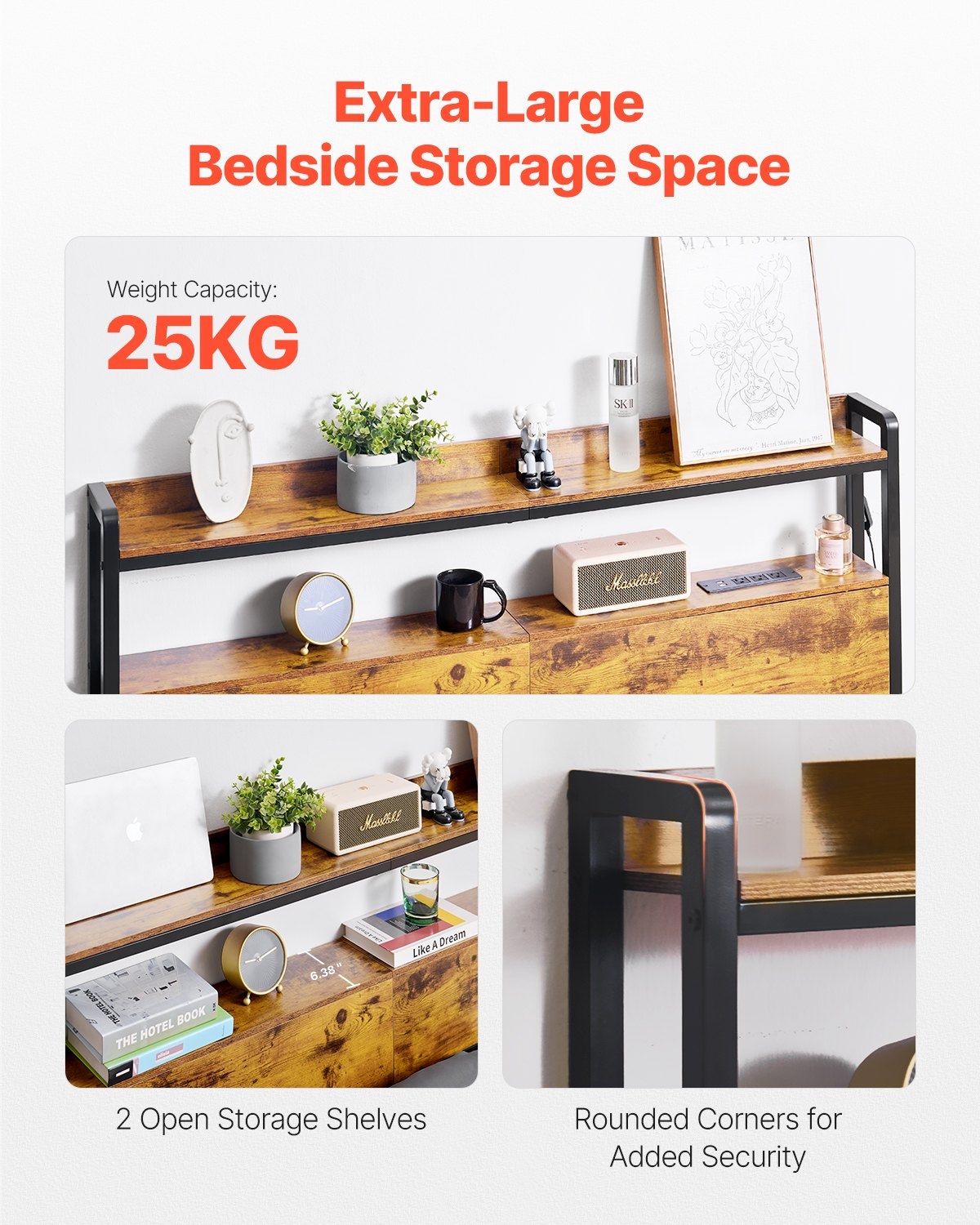 Headboard for Full Size Bed Head Board with 2 Shelves & LED Light Brown