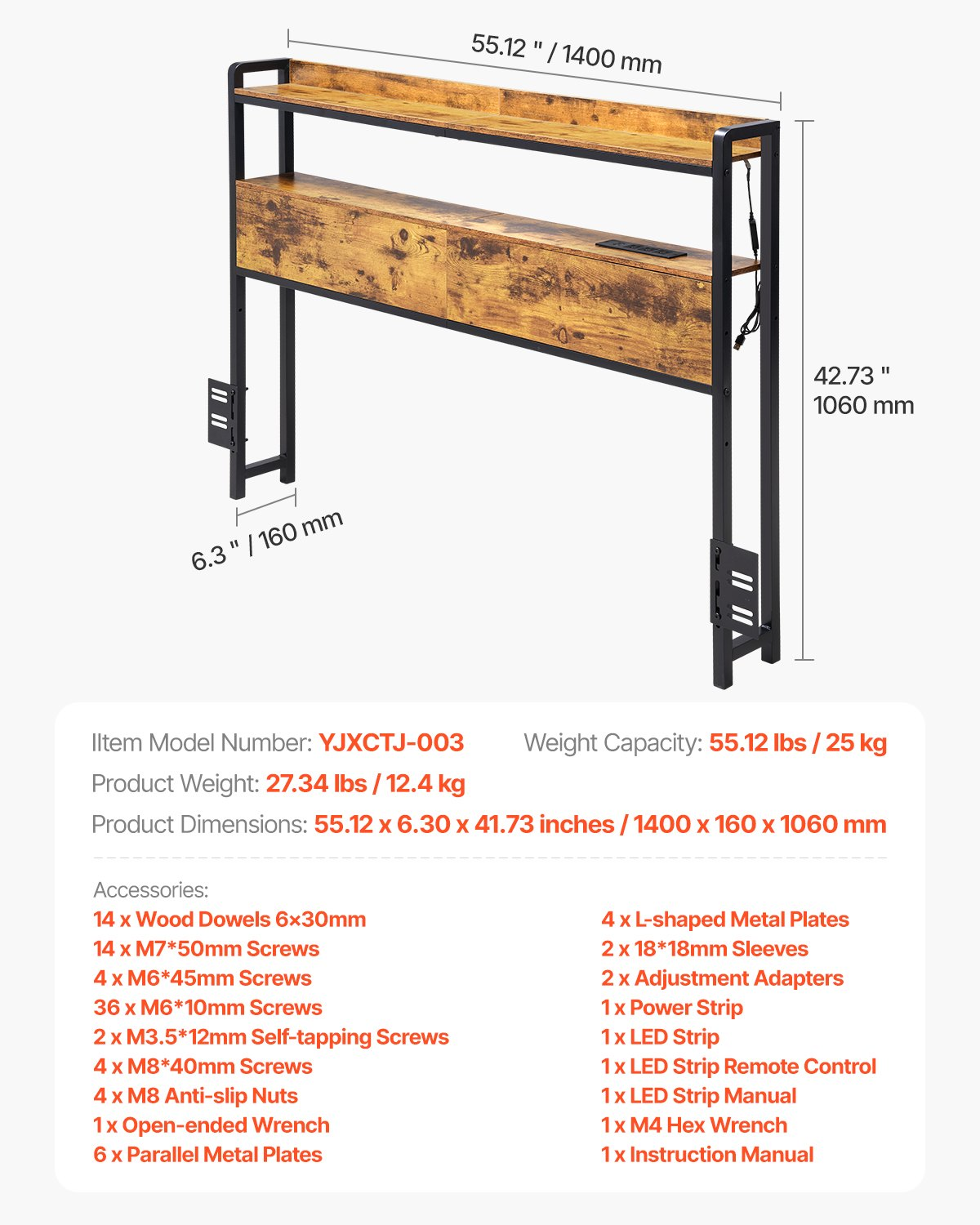 Headboard for Full Size Bed Head Board with 2 Shelves & LED Light Brown