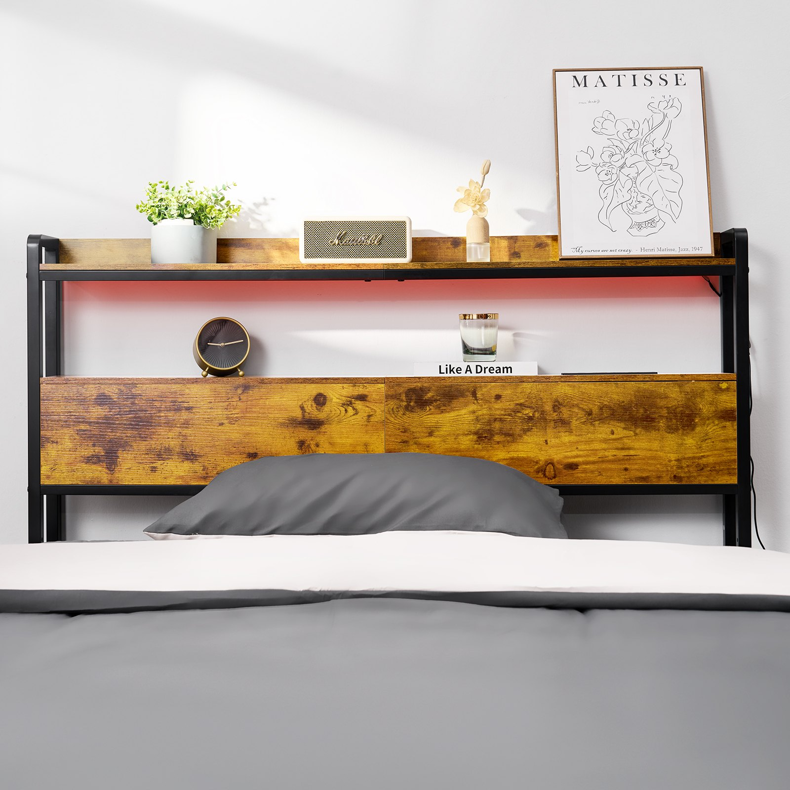 Headboard for Full Size Bed Head Board with 2 Shelves & LED Light Brown