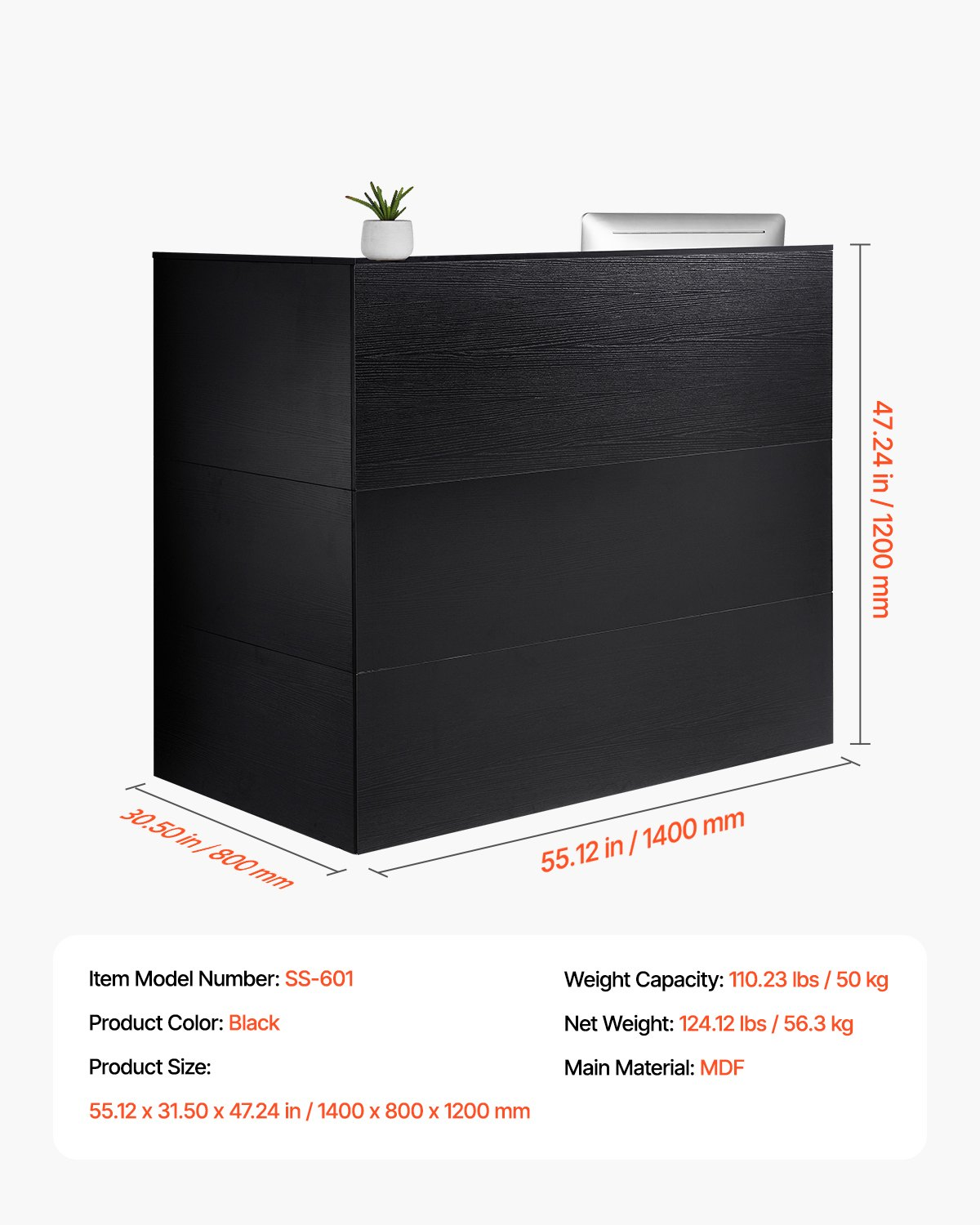 Reception Desk L-Shaped Front Counter Table 55.12 in Black Office Table