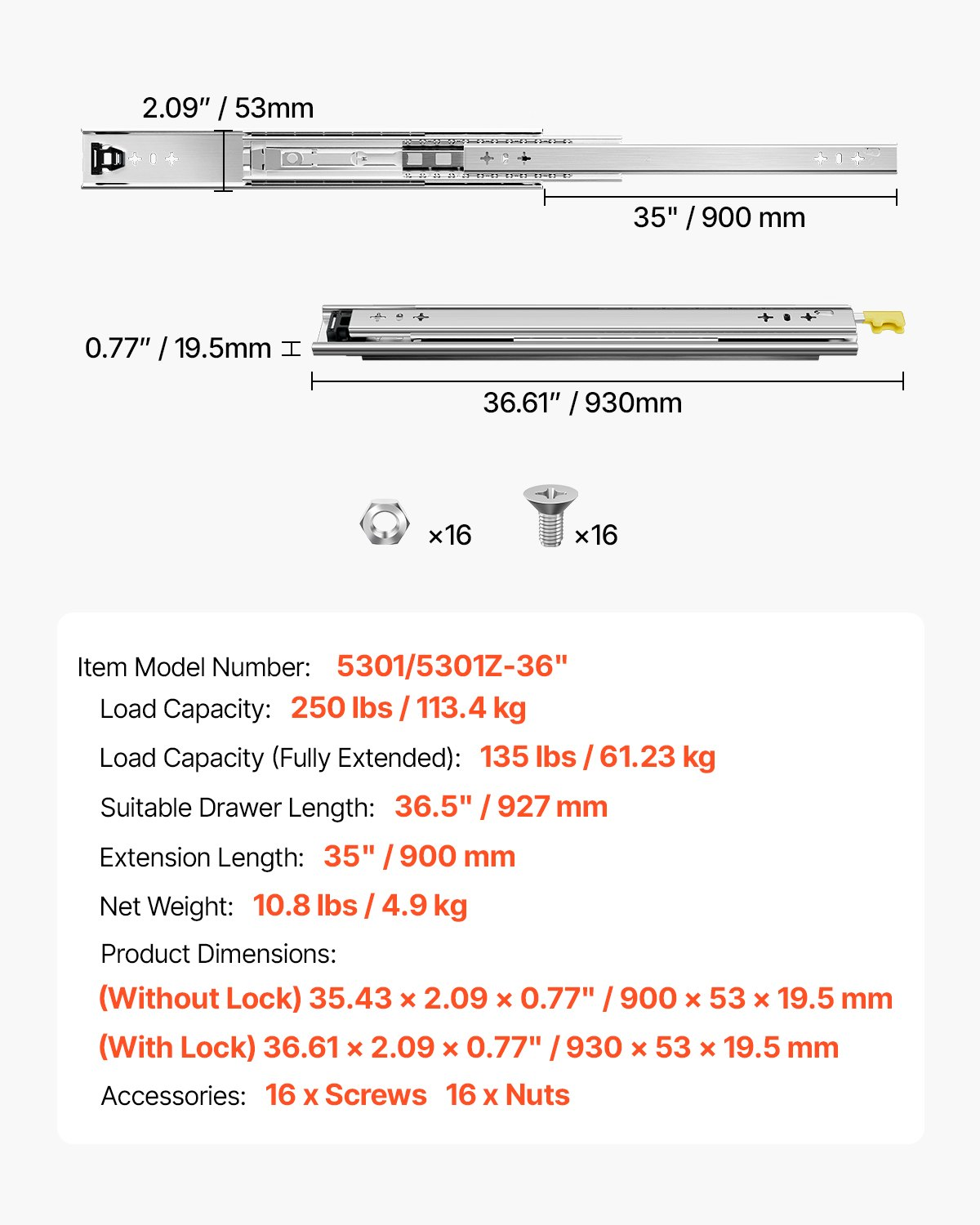 Heavy Duty Drawer Slides 36inch, 3-Fold Full Extension