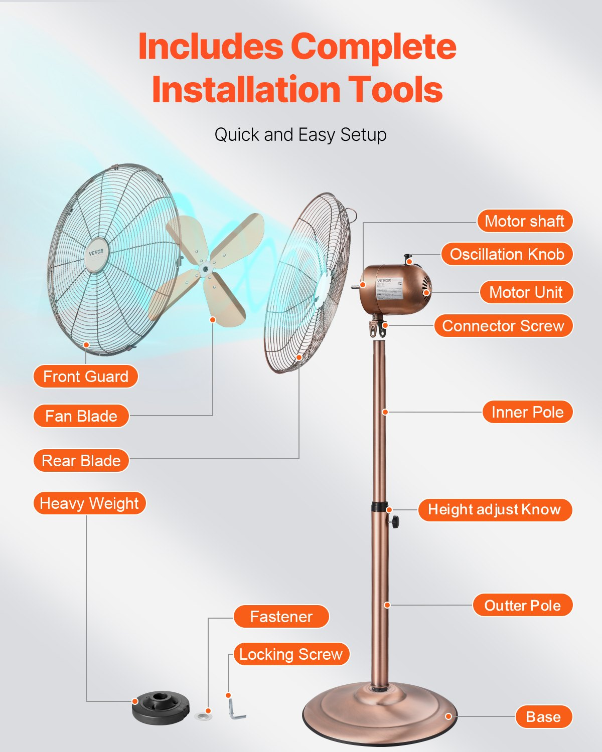 Industrial Pedestal Fan, 16 Inch 75-Degree Oscillating Fan, Copper