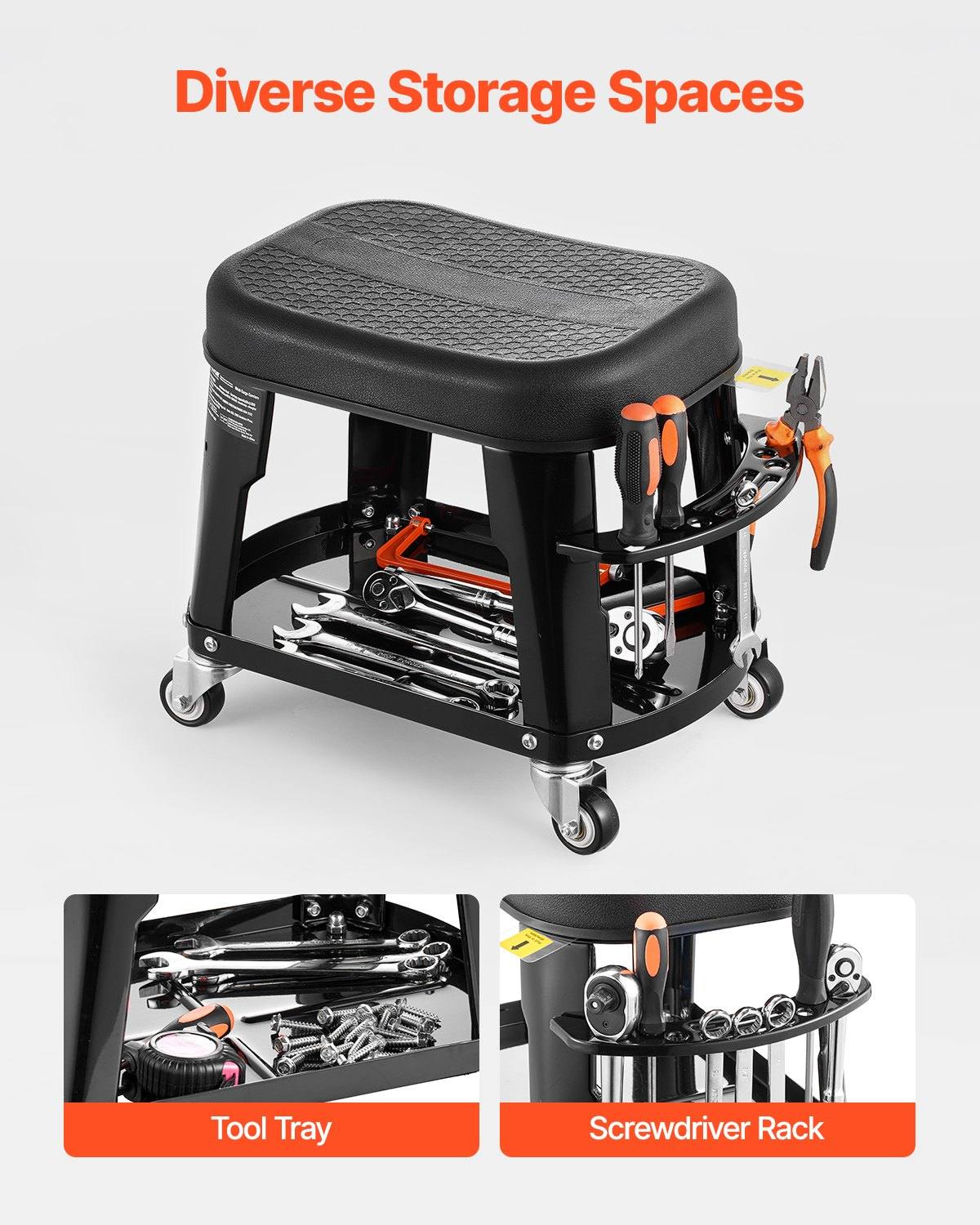 Mechanic Stool, 300 lbs Capacity Garage Seat/Work Stool with Wheels, Black