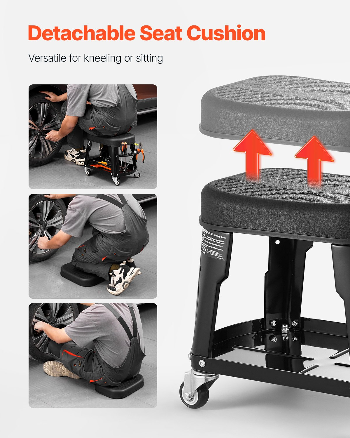Mechanic Stool, 300 lbs Capacity Garage Seat/Work Stool with Wheels, Black