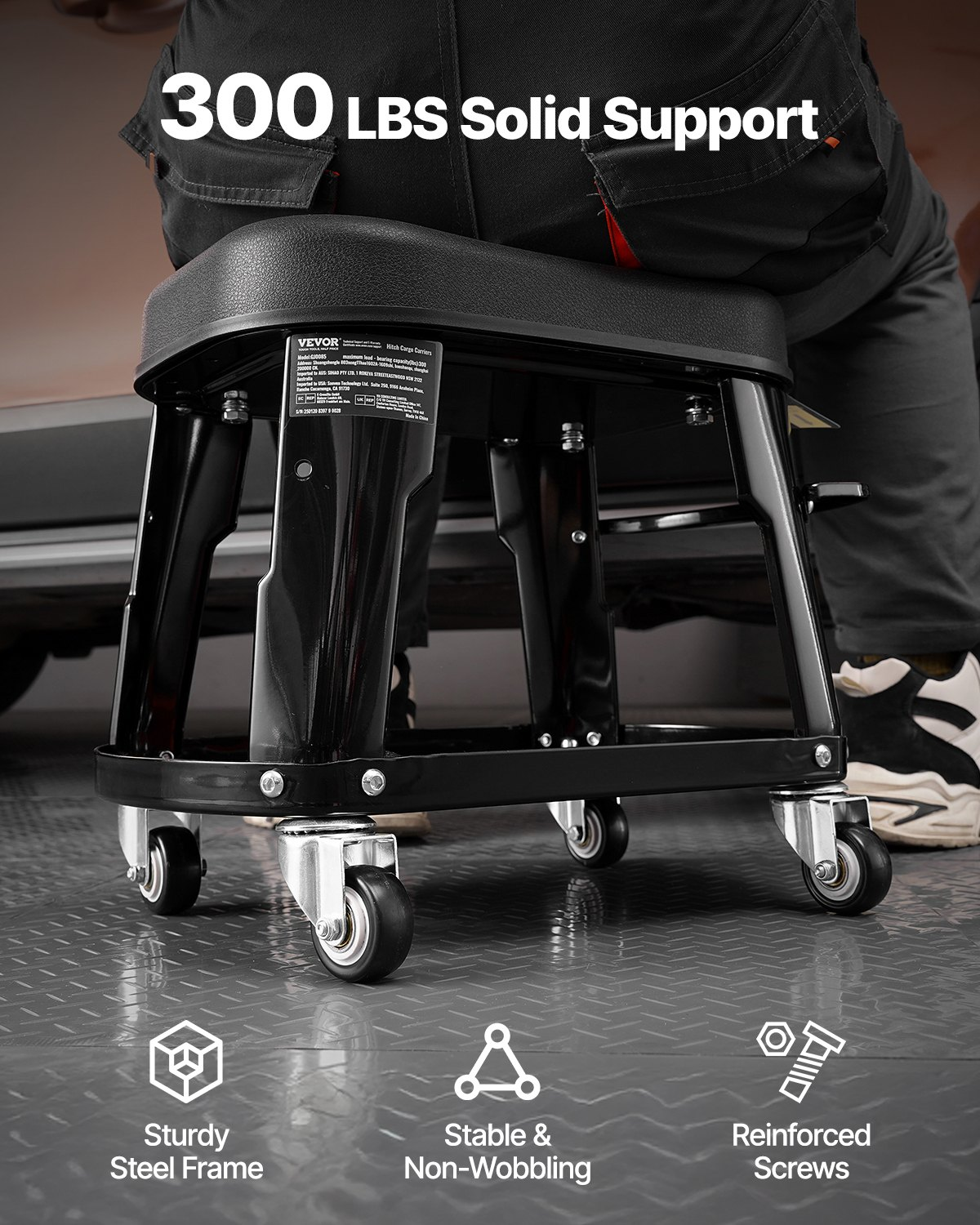 Mechanic Stool, 300 lbs Capacity Garage Seat/Work Stool with Wheels, Black